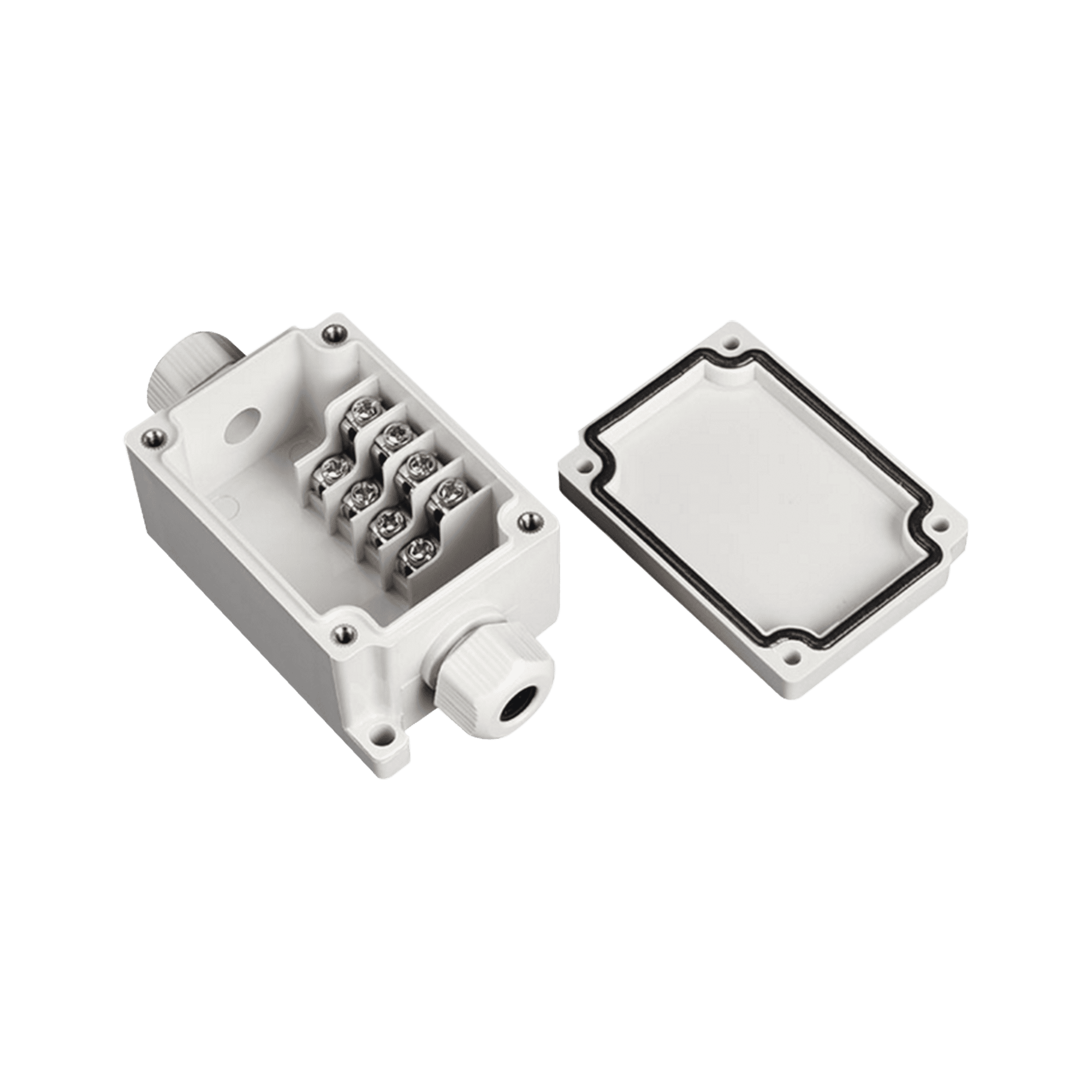 Caja de Conexión Exterior con Conexión Lateral para 4 Líneas (doble tornillo). Incluye Glándulas. PST-TJ-4P - PRECISION