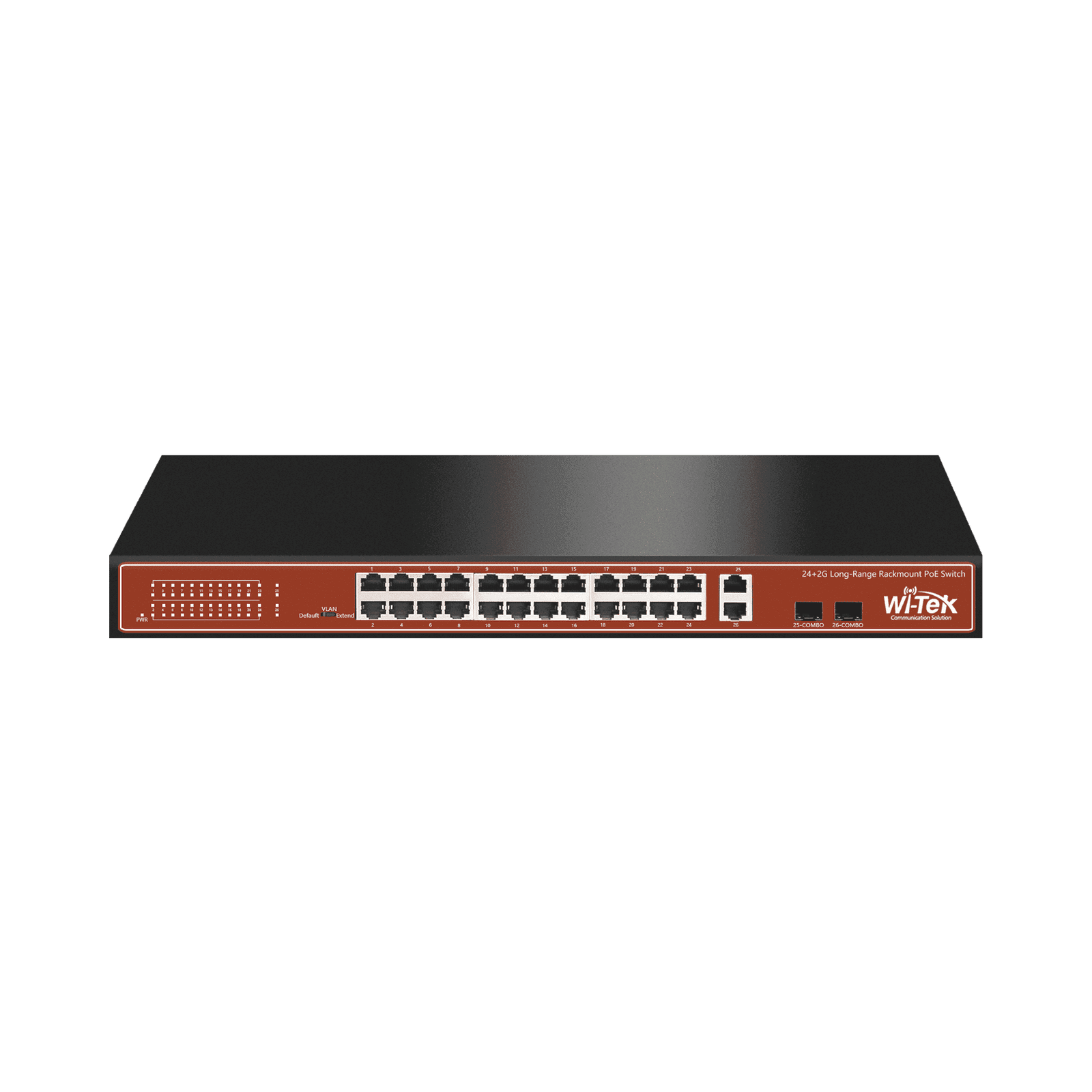 Switch PoE (802.3af/at/bt) / No administrable de largo alcance / Hasta 250m / Con 24 x 10/100Mbps + 2 x SFP Gigabit Combo / 250 W WI-PS526G 170795 - WI-TEK