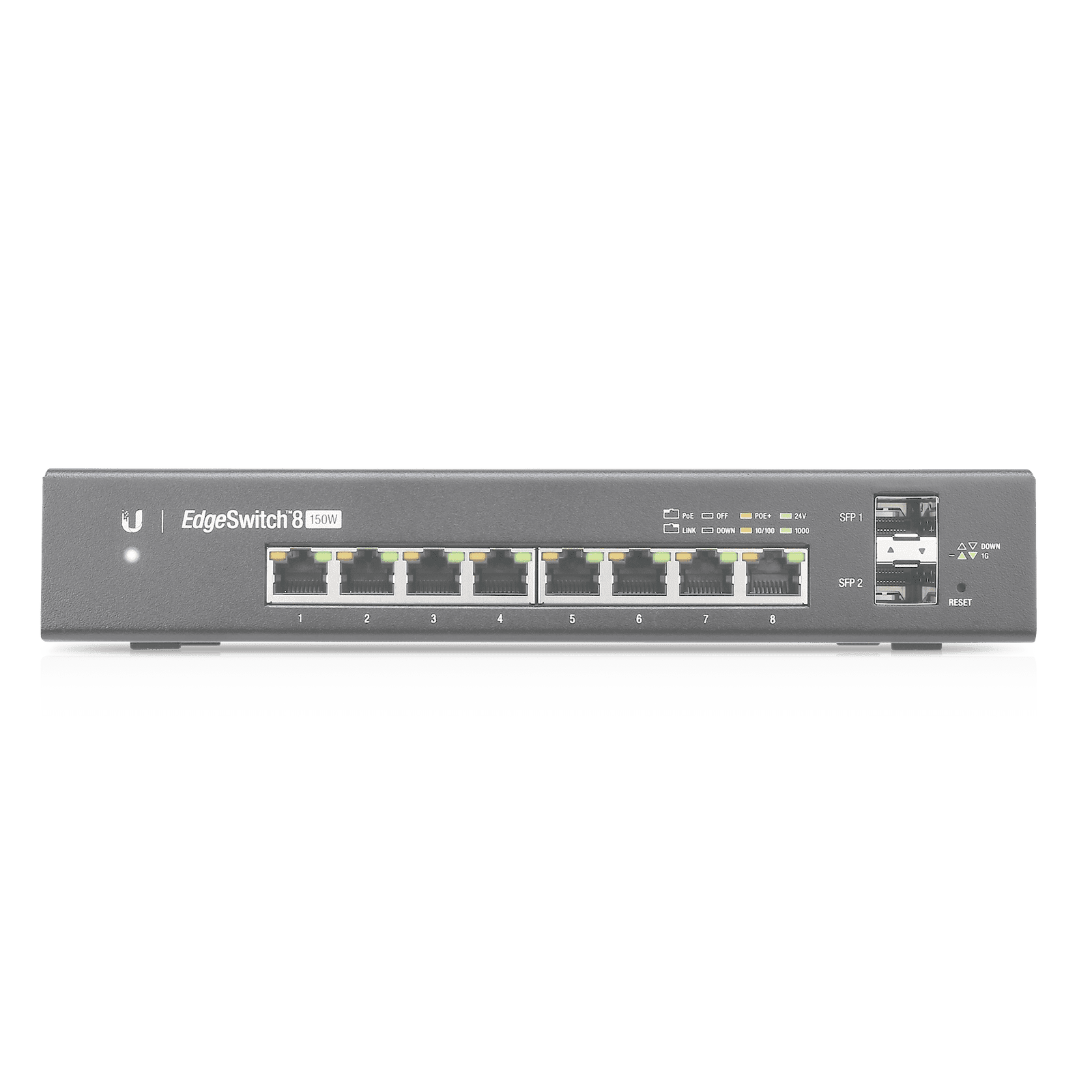 Switch EdgeMAX Administrable de 8 Puertos Gigabit con PoE+/PoE Pasivo 24V + 2 Puertos SFP, 150 W ES-8-150W - UBIQUITI NETWORKS