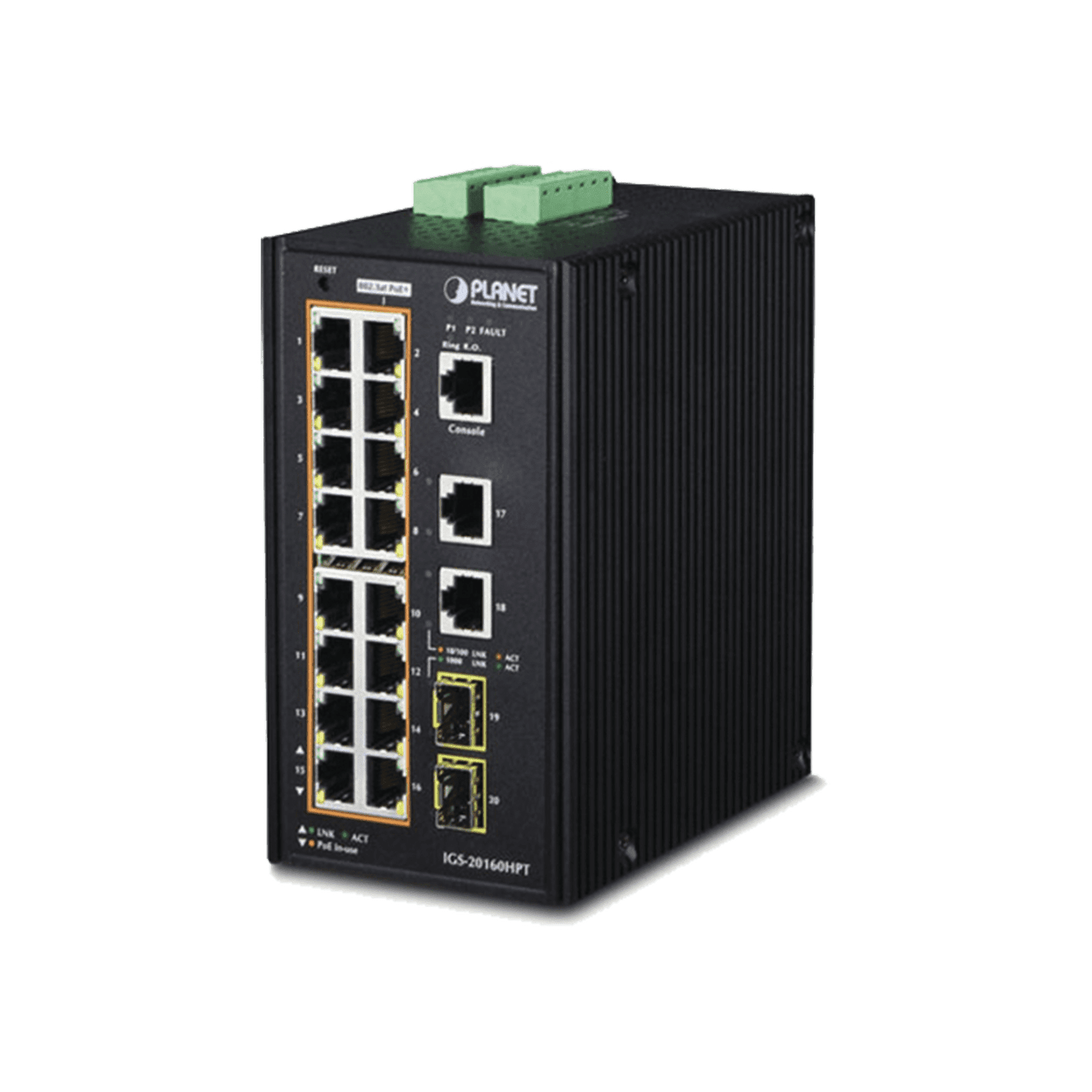 Switch Industrial Administrable 16 puertos 10/100/1000 T 802.3at PoE + 2 Puertos 10/100/1000 T + 2 puertos 100/1000 X SFP IGS-20160HPT 94790 - PLANET