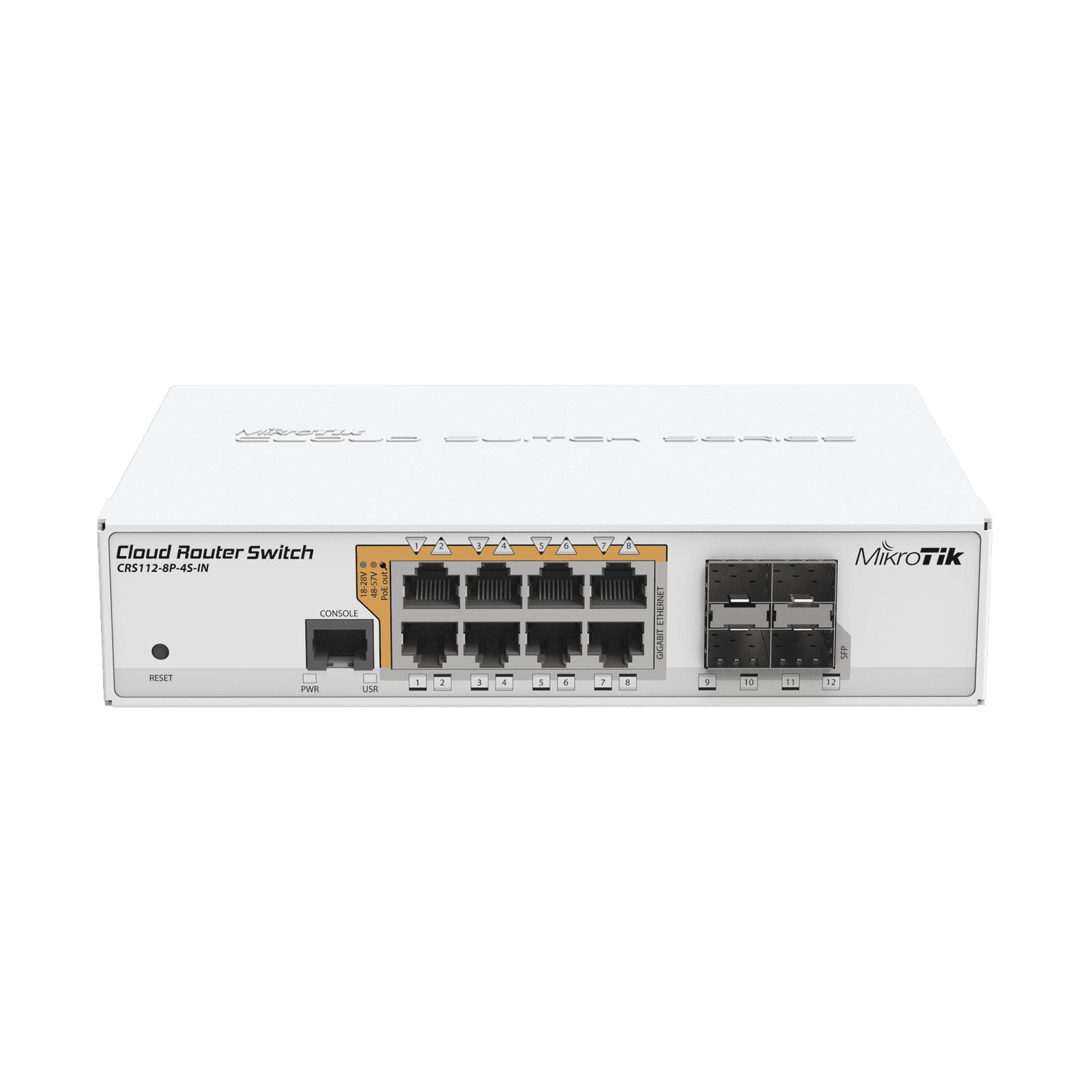 Cloud Router Switch Administrable L3, 8 puertos 10/100/1000 Mbps c/PoE Pasivo ó 802.3af/at, 4 Puertos SFP CRS112-8P-4S-IN 165668 - MIKROTIK