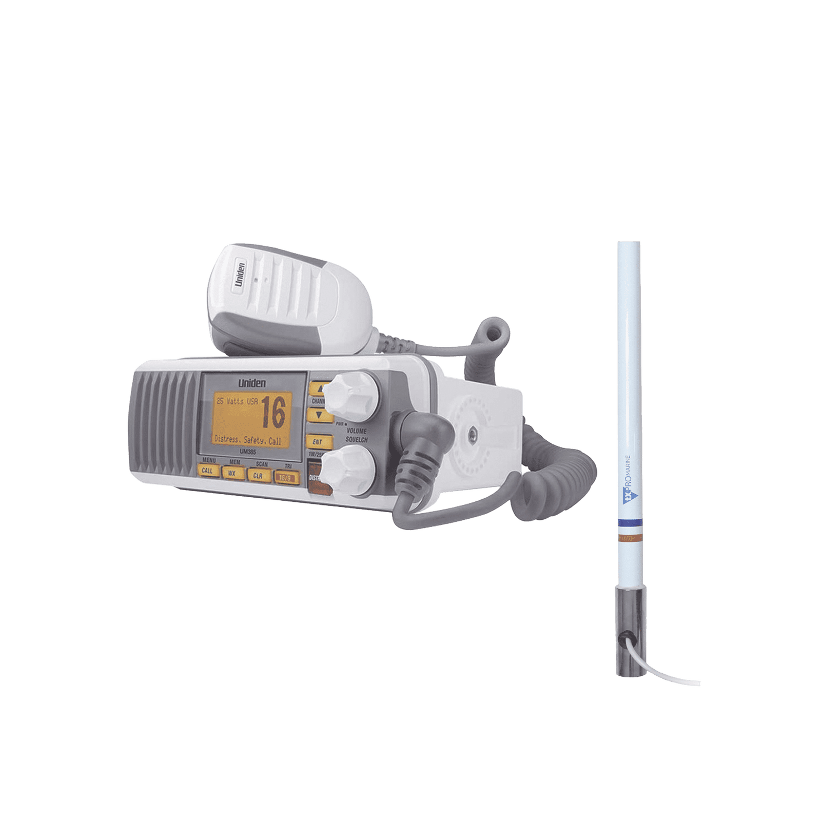Kit de radio UM385 | mas antena marina de fibra de vidrio TX-5101-SYS fabricada en fibra de vidrio con base roscable de acero inoxidable UM385/KIT5101 221407 - UNIDEN