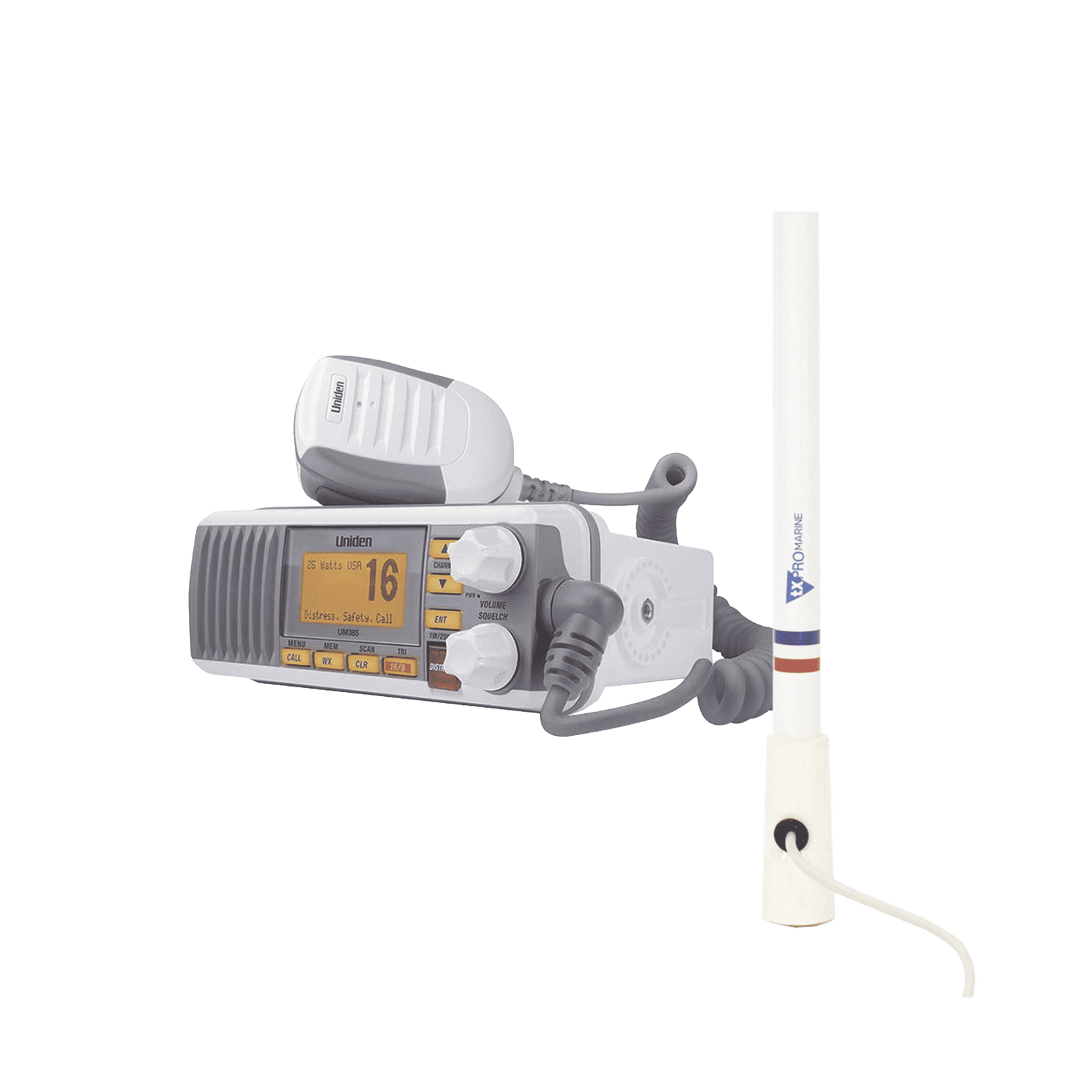 Kit de radio UM385 | mas antena marina de fibra de vidrio TX-5206-SYS y soporte para antena 4186 UM385/KIT5206 221405 - UNIDEN