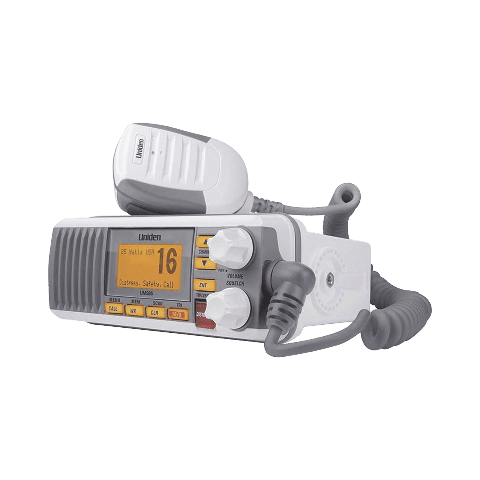 Radio Móvil Marino VHF, color blanco, Tx: 156.025 – 157.425 MHz, Rx: 156.050 – 163.275 MHz, 25W de potencia, sumergible IPX4 incluye micrófono y cable de alimentación UM-385 171616 - UNIDEN
