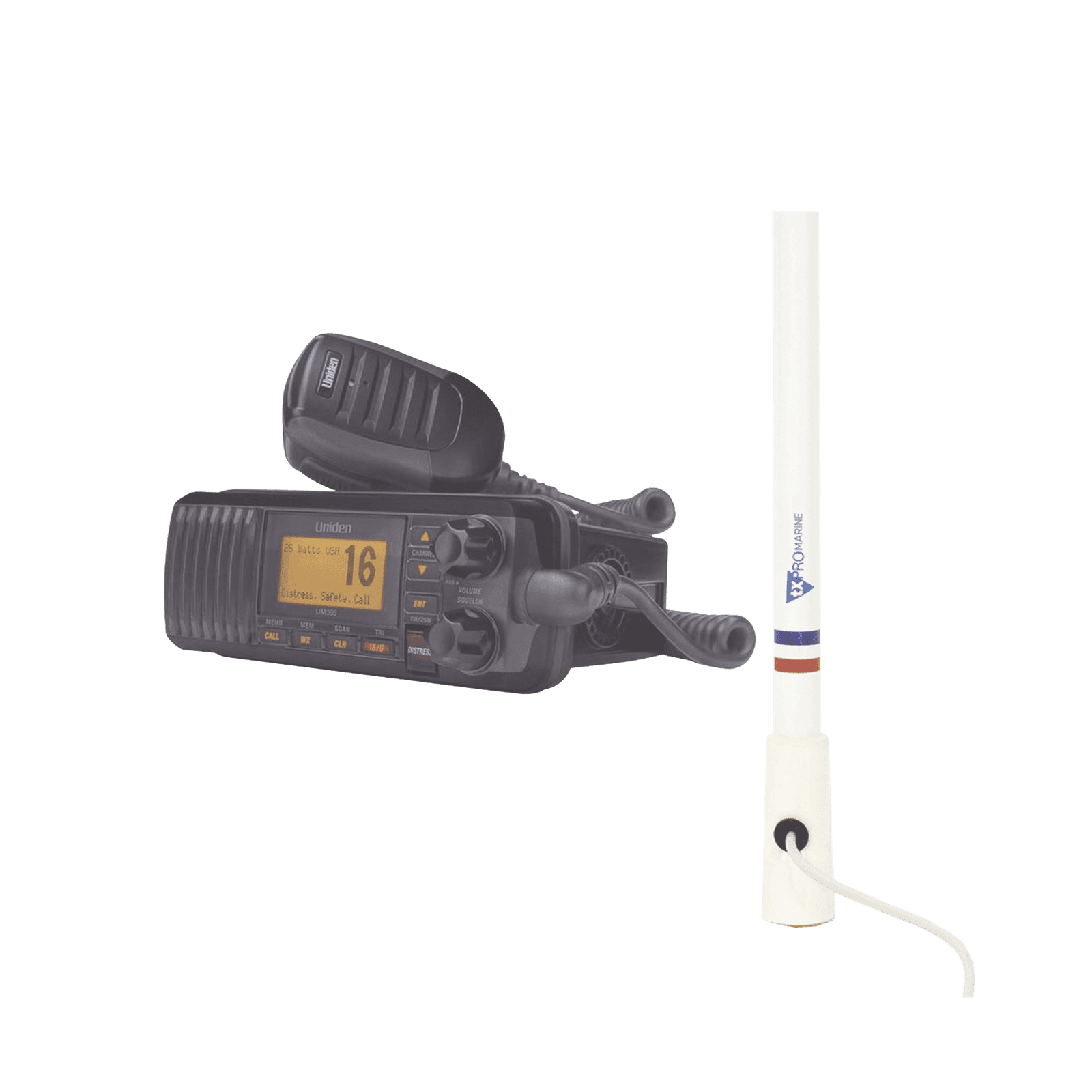 Kit de radio UM385BK | mas antena marina de fibra de vidrio TX-5206-SYS y soporte para antena 4186 UM-385BK/KIT5206 221413 - UNIDEN