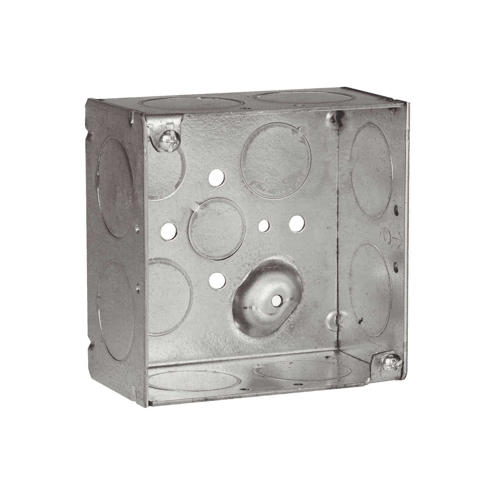 Caja Cuadrada Galvanizada de 4″ x 4″/ Profundidad de 2 1/8″ /8 Entradas 1″, 3 Entradas 1/2″ y  2 Entradas 3/4″/ Soldada. HUB-233 - RACO