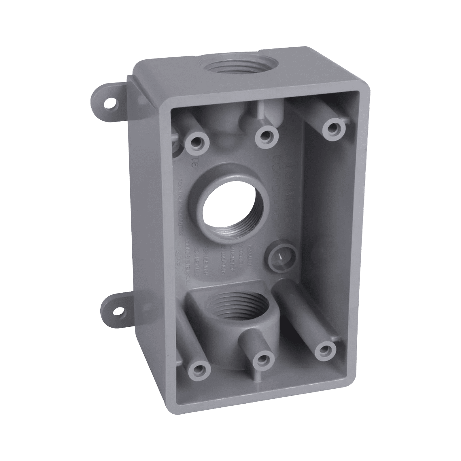 Caja Impermeable de 1 Gang / Profundidad de 2″/ Cuenta con 3 Salidas roscadas para tubería de 1/2″ ó 3/4″/ Color Gris. HUB-PSB-37550-GY - RACO