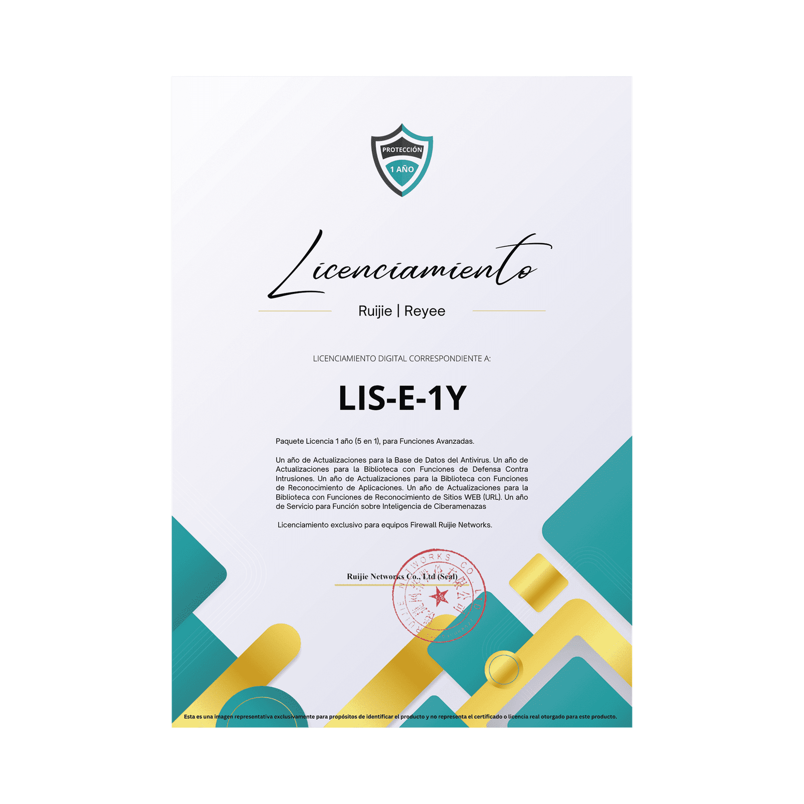 Paquete Licencia 1 año  (5 en 1), para Funciones Avanzadas Firewall modelo RG-WALL1600-Z3200-S RG-WALL1600-Z3200-S-LIS-E-1Y 226937 - RUIJIE