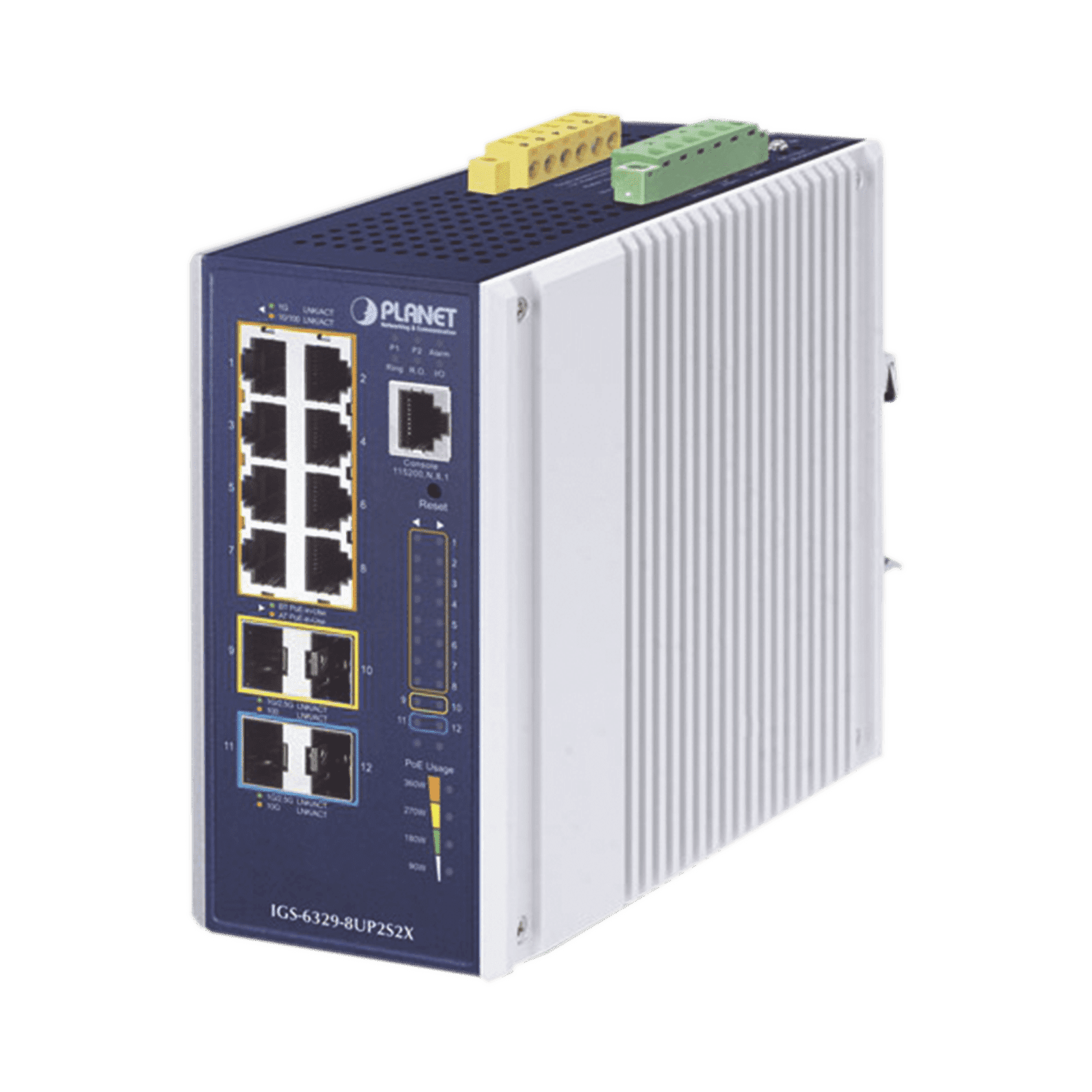 Switch Industrial Administrable Capa 3, Con 8 Puertos PoE Gigabit 802.3bt, 2 Puertos SFP de 1 G / 2.5 G, 2 Puertos SFP 10 G IGS-6329-8UP2S2X 213356 - PLANET