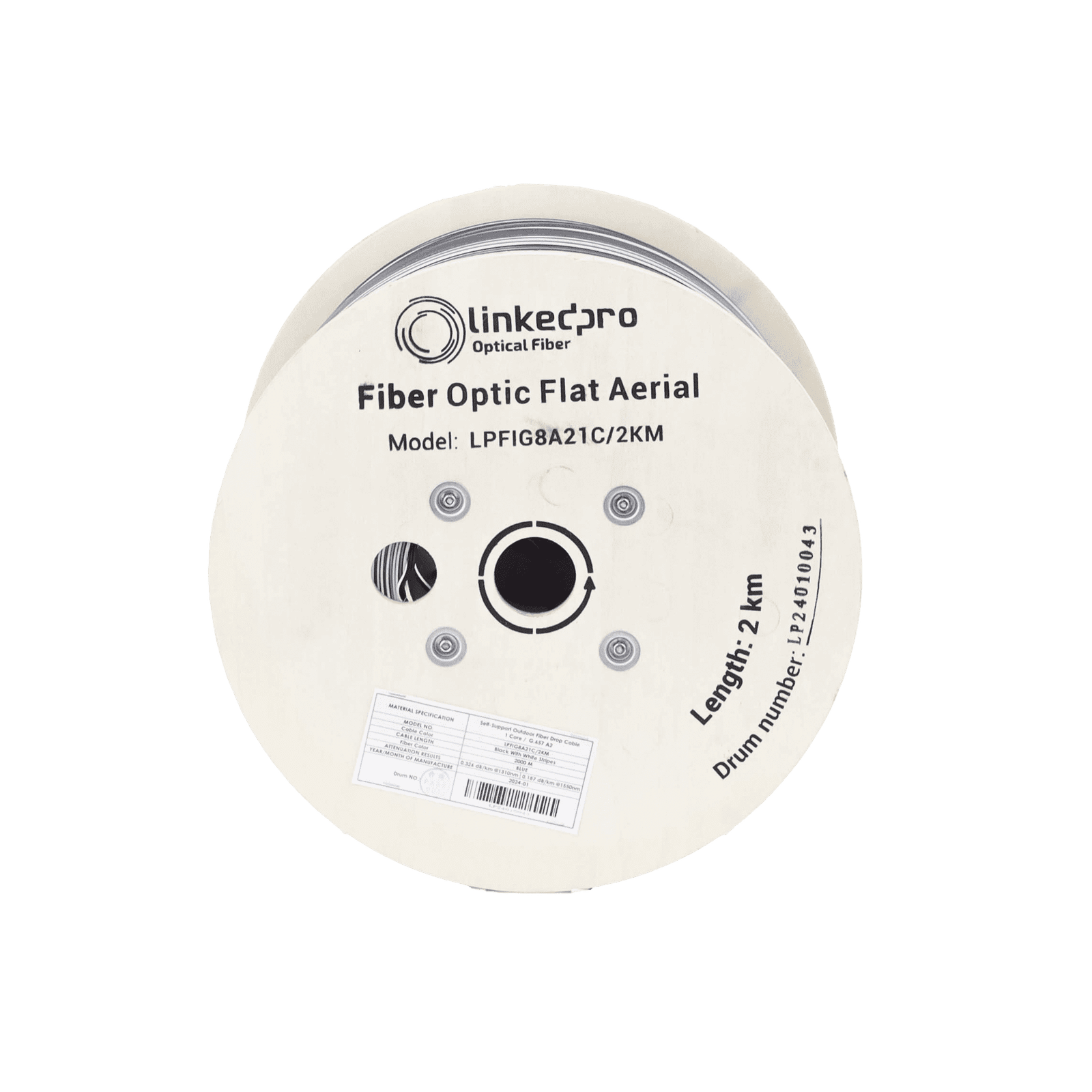 Carrete de 2 km de Fibra Óptica Aérea Mini Figura 8 G.657A1 tipo Drop Plana, Monomodo de 1 Hilo Color Negro LP-FIG8A2-1C/2KM - LINKEDPRO BY EPCOM