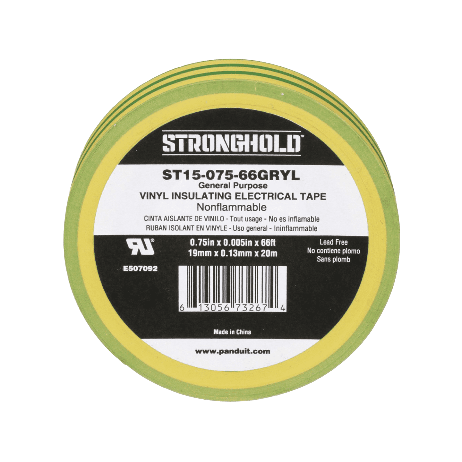 Cinta Eléctrica STRONGHOLD para Aislar, de PVC, Uso Construcción General en Tierras Físicas, Grosor de 0.13 mm (5 mil), Ancho de 19.05 mm, y 20.12 m de Largo, Color Amarillo/Verde. ST15-075-66-GRYL - PANDUIT