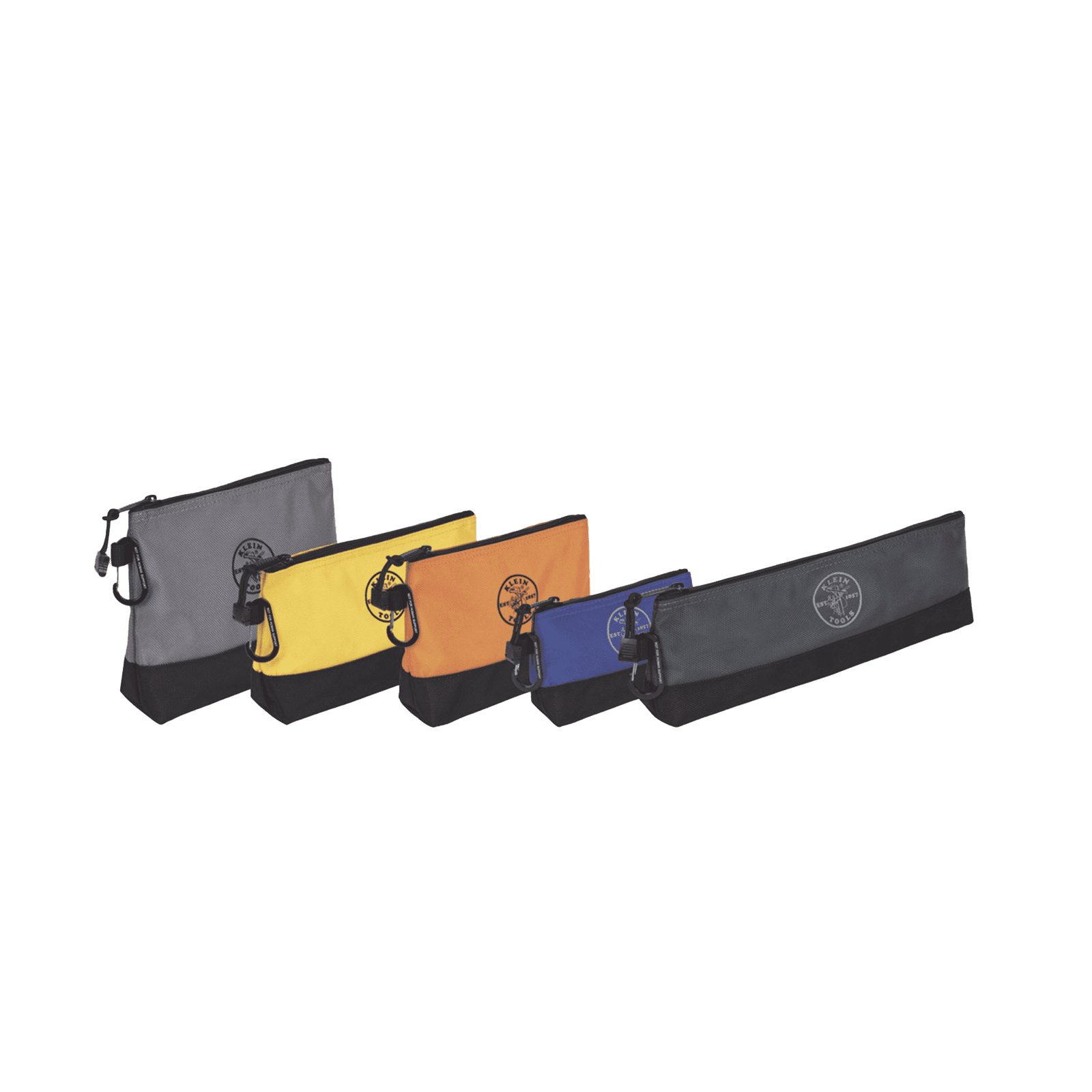 KIT 5 Bolsos Ultra Resistentes para Herramientas con Base y cierre Zipper, Colores: gris claro, amarillo, naranja, azul, gris oscuro. Todos con Mosquetones de Aluminio. 55569 - KLEIN TOOLS