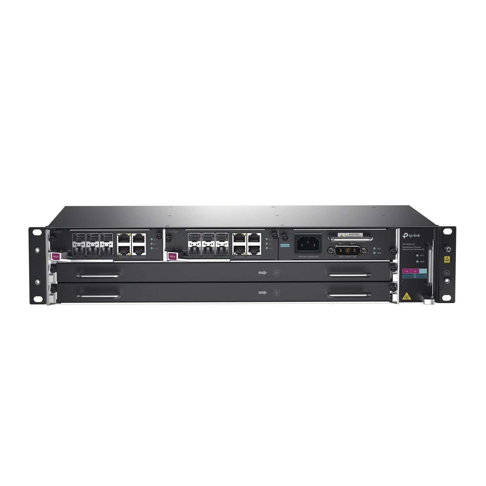 DeltaStream – OLT Módular GPON / Conexión de hasta 4,096 ONUs / 2 Tarjetas Main / Puertos Gigabit RJ45 Uplink / 4 Puertos SFP+ Uplink / Fuente Redundante AC- DC (incluida) / Administración desde la nube (DPMS) DS-P8000-X2 - TP-LINK