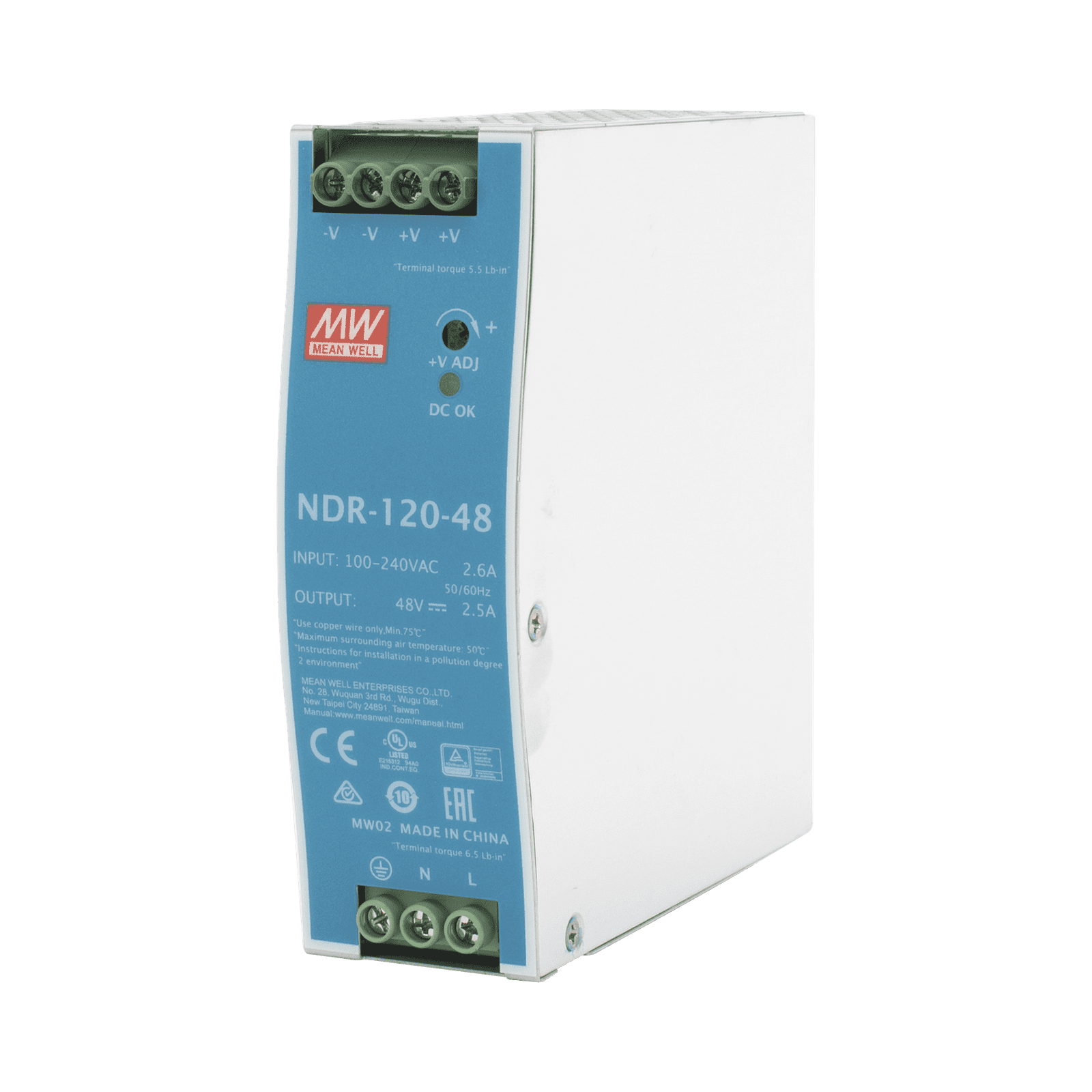 Fuente de poder industrial de 120 W, salida 48 Vcc, entrada 90~264 VCA, para montaje en riel DIN, NDR-120-48 - MEANWELL