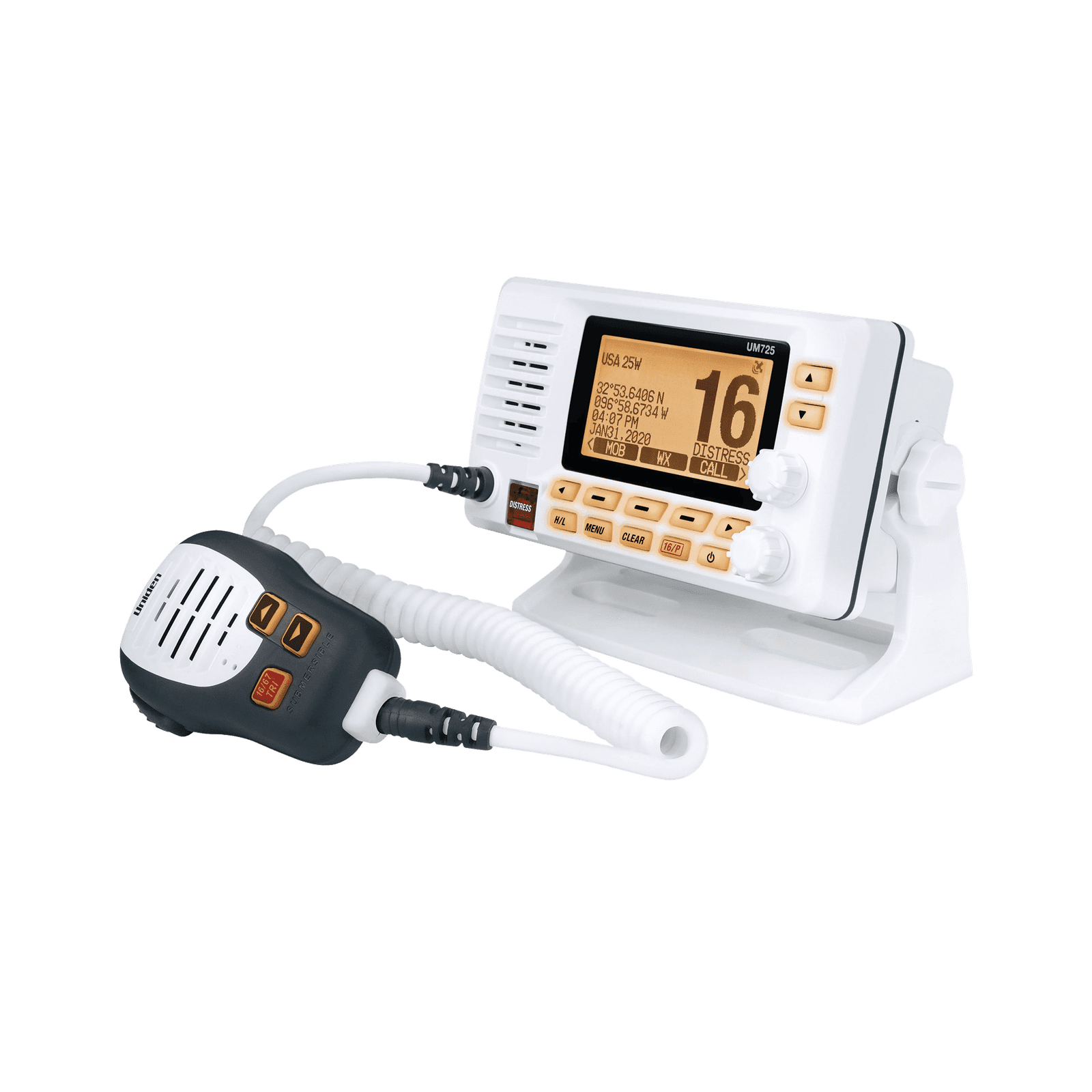 Radio Móvil Marino VHF, color blanco con receptor de GPS integrado, Tx: 156.025 – 157.425 MHz, Rx: 156.050 – 163.275 MHz, 25W de potencia, sumergible IPX8 incluye micrófono y cable de alimentación UM-725G - UNIDEN