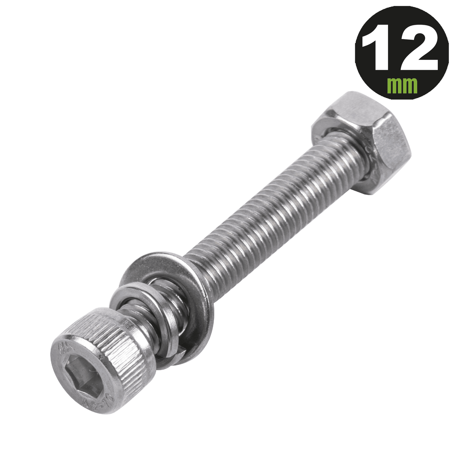 Tornillo Allen Milimétrico de Acero Inoxidable  M8-1.25 x 12 / Con Tuerca, Arandela de Presión y Plana / Para Montajes de Módulos Foto Voltaicos . 950-5080-124 - DMT