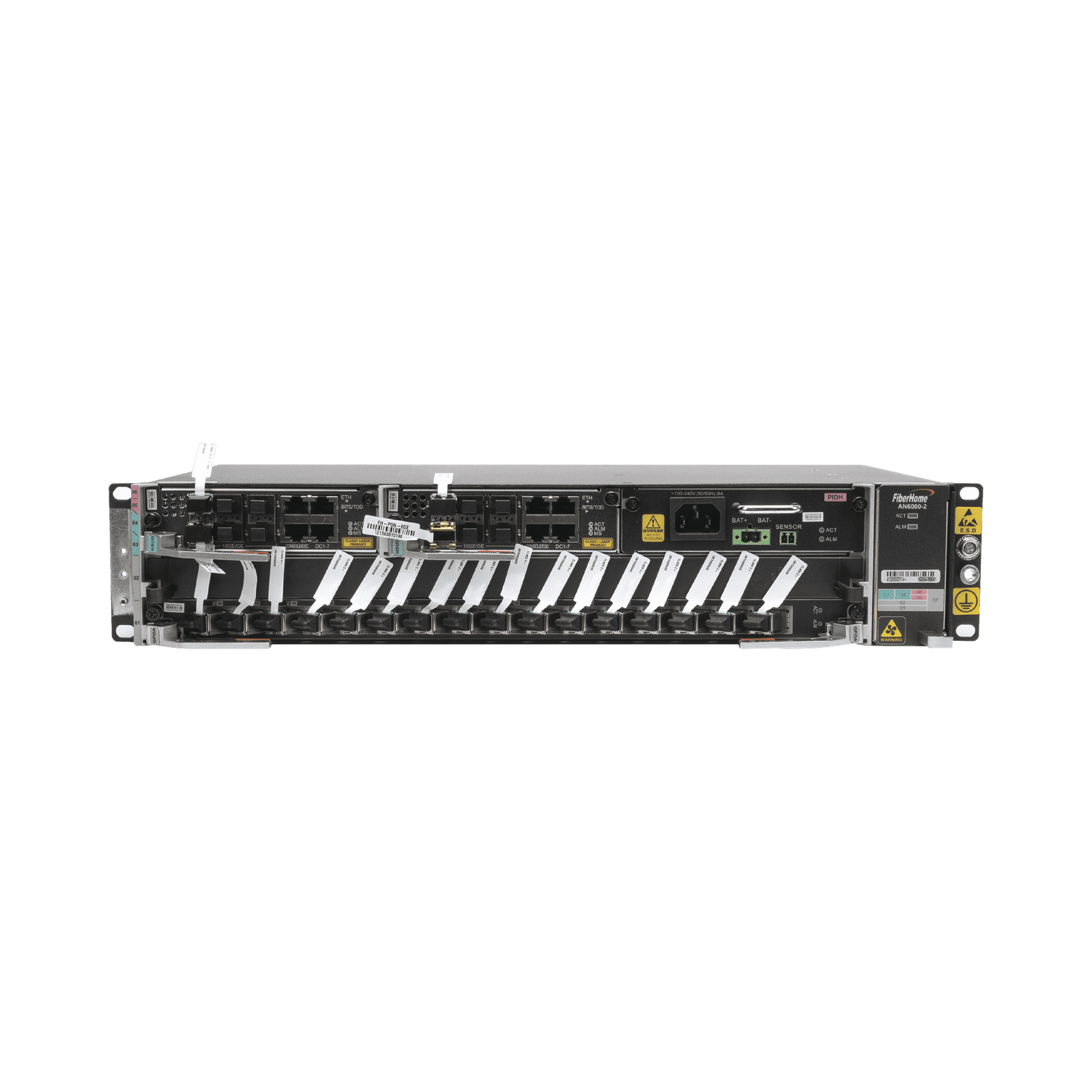 OLT Carrier Class Modular GPON, 2 Ranuras, 1 Tarjeta GPOA de 16 puertos GPON, 1 Fuente de CA, 2 UR AN6000-2-AC 195455 - FIBERHOME