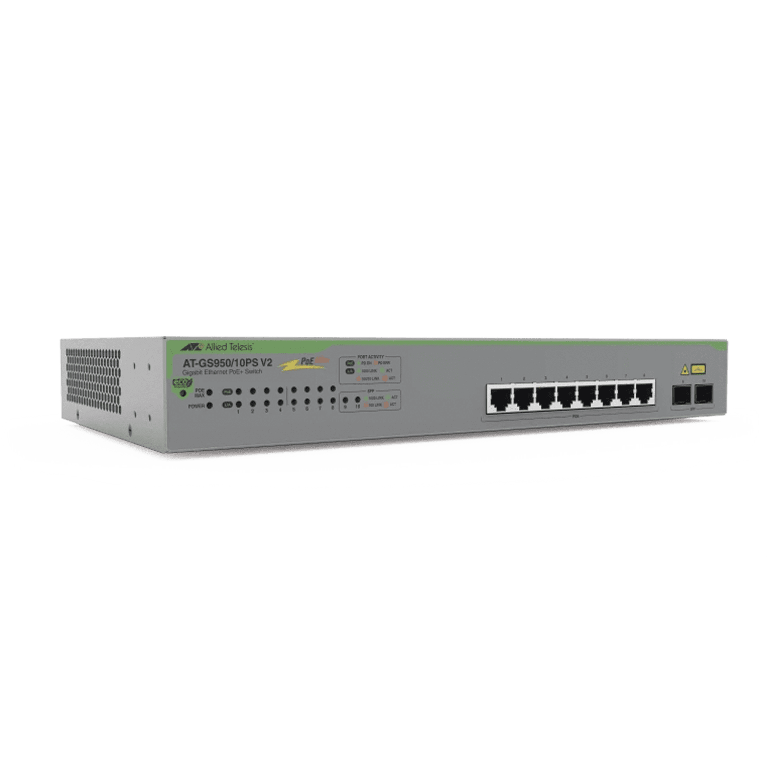 Switch PoE+ Gigabit WebSmart de 10 puertos 10/100/1000 Mbps (2 x Combo) + 2 puertos gigabit SFP (Combo), 75 W AT-GS950/10PS-V2-10 205648 - ALLIED TELESIS