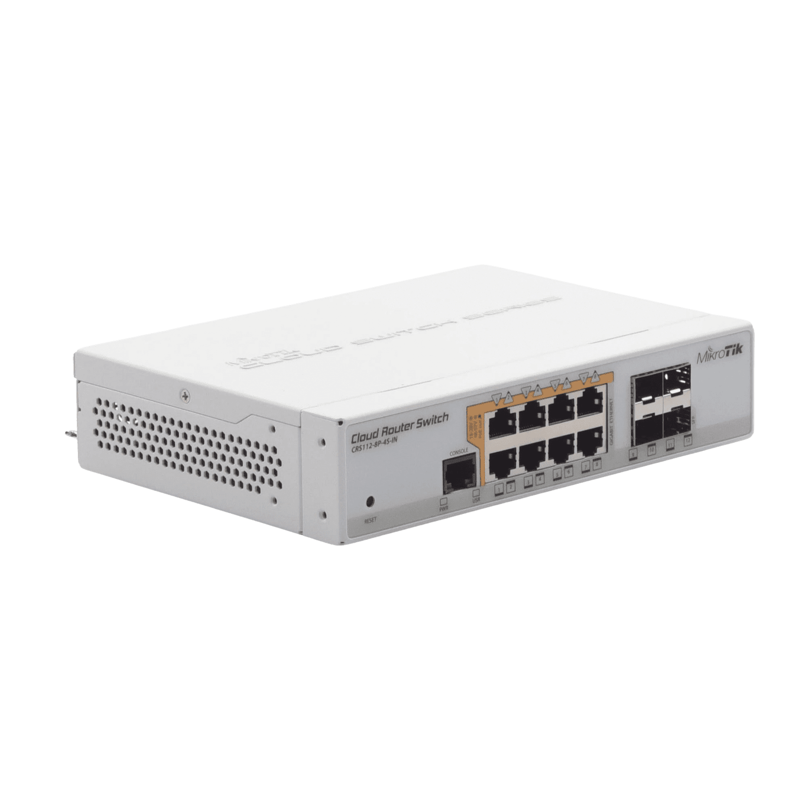 Cloud Router Switch Administrable L3, 8 puertos 10/100/1000 Mbps c/PoE Pasivo ó 802.3af/at, 4 Puertos SFP CRS112-8P-4S-IN 165668 - MIKROTIK