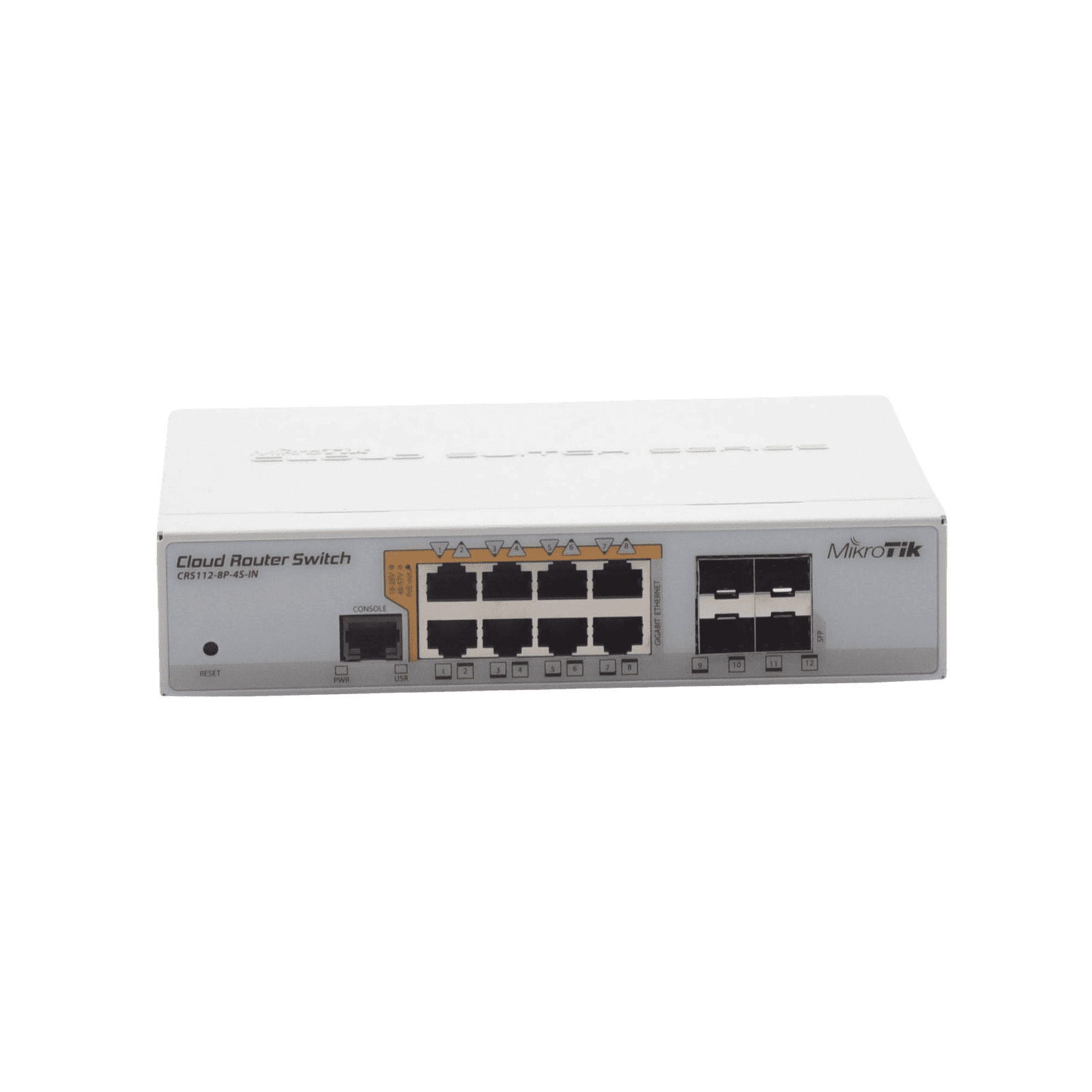 Cloud Router Switch Administrable L3, 8 puertos 10/100/1000 Mbps c/PoE Pasivo ó 802.3af/at, 4 Puertos SFP CRS112-8P-4S-IN 165668 - MIKROTIK