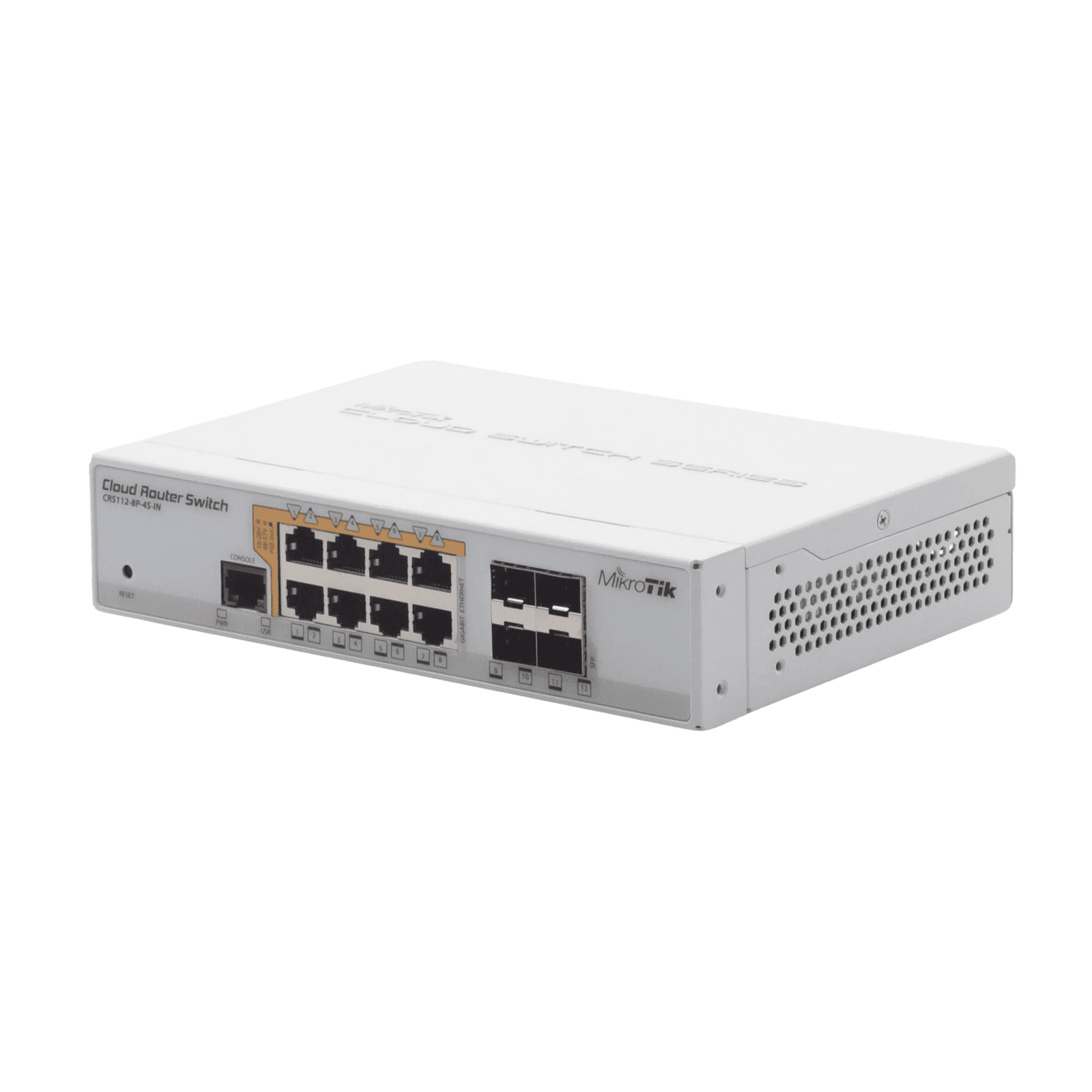 Cloud Router Switch Administrable L3, 8 puertos 10/100/1000 Mbps c/PoE Pasivo ó 802.3af/at, 4 Puertos SFP CRS112-8P-4S-IN 165668 - MIKROTIK