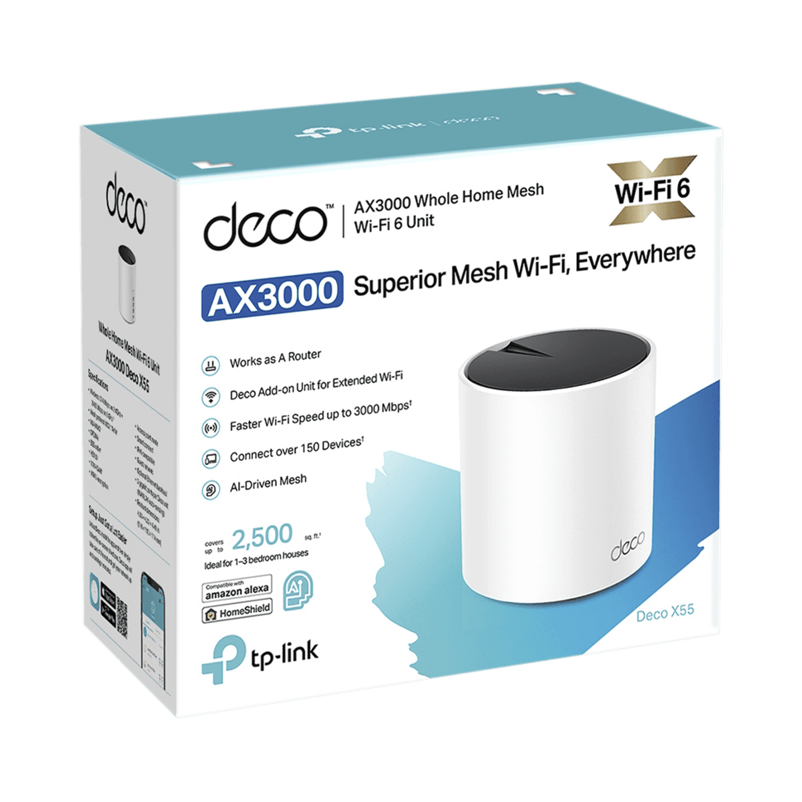 Router Inalámbrico MESH Interior para Hogar / Doble Banda Wi-Fi 6 AX3000 Mbps / 3 Puerto Gigabit WAN/LAN / 2 Antenas Internas / Administración Mediante la App Deco (iOS, Android) / Protección HomeShield DECOX55 - TP-LINK