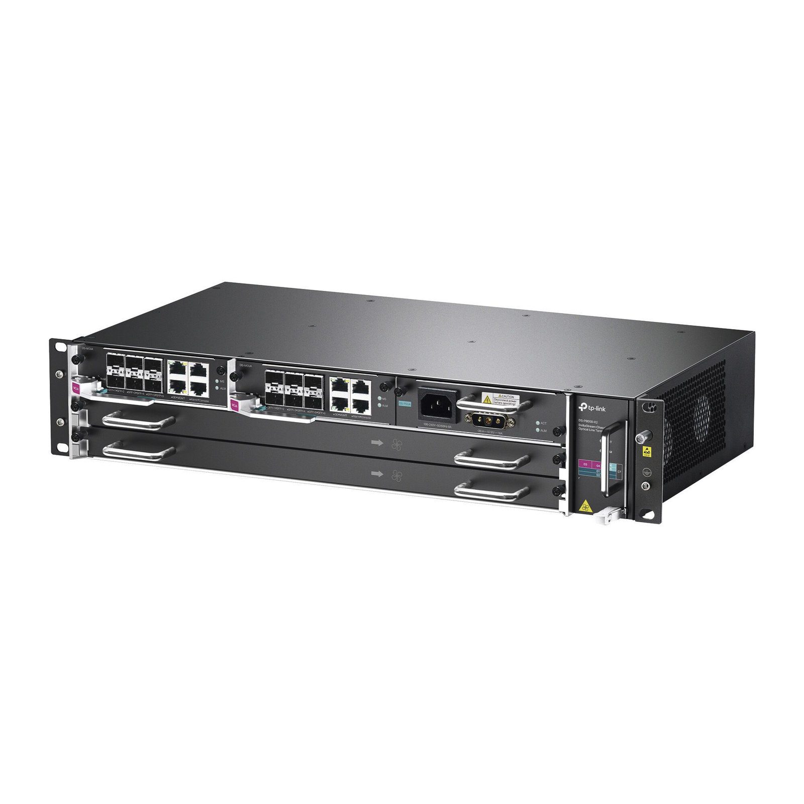 DeltaStream – OLT Módular GPON / Conexión de hasta 4,096 ONUs / 2 Tarjetas Main / Puertos Gigabit RJ45 Uplink / 4 Puertos SFP+ Uplink / Fuente Redundante AC- DC (incluida) / Administración desde la nube (DPMS) DS-P8000-X2 - TP-LINK