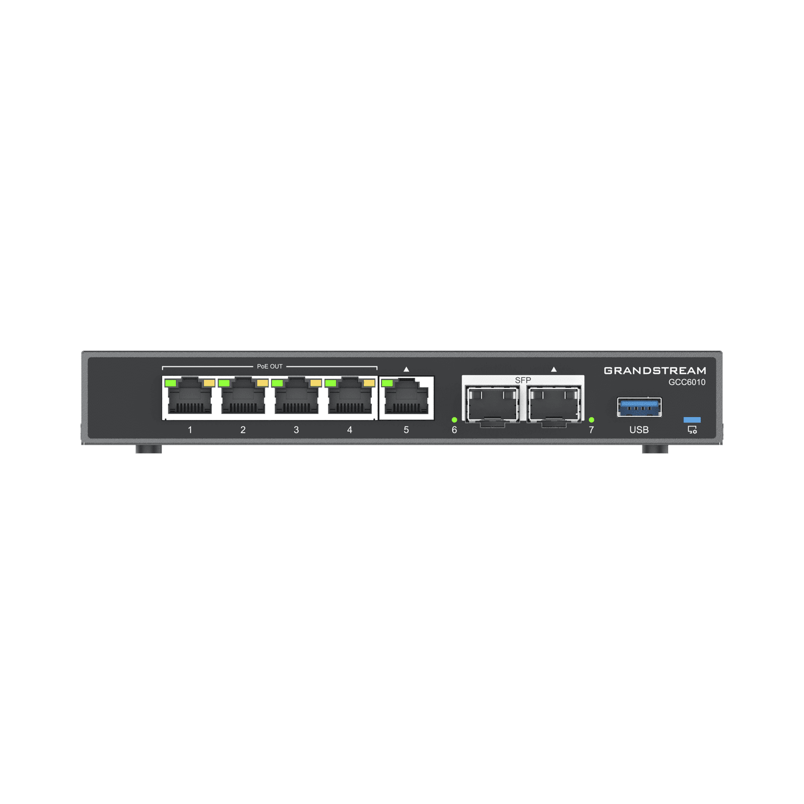4 en 1: Firewall, Router, PBX IP, Switch Gigabit de 5 Puertos (4 PoE) y 2 Puertos SFP 2.5 Gigabit GCC6010 - Grandstream