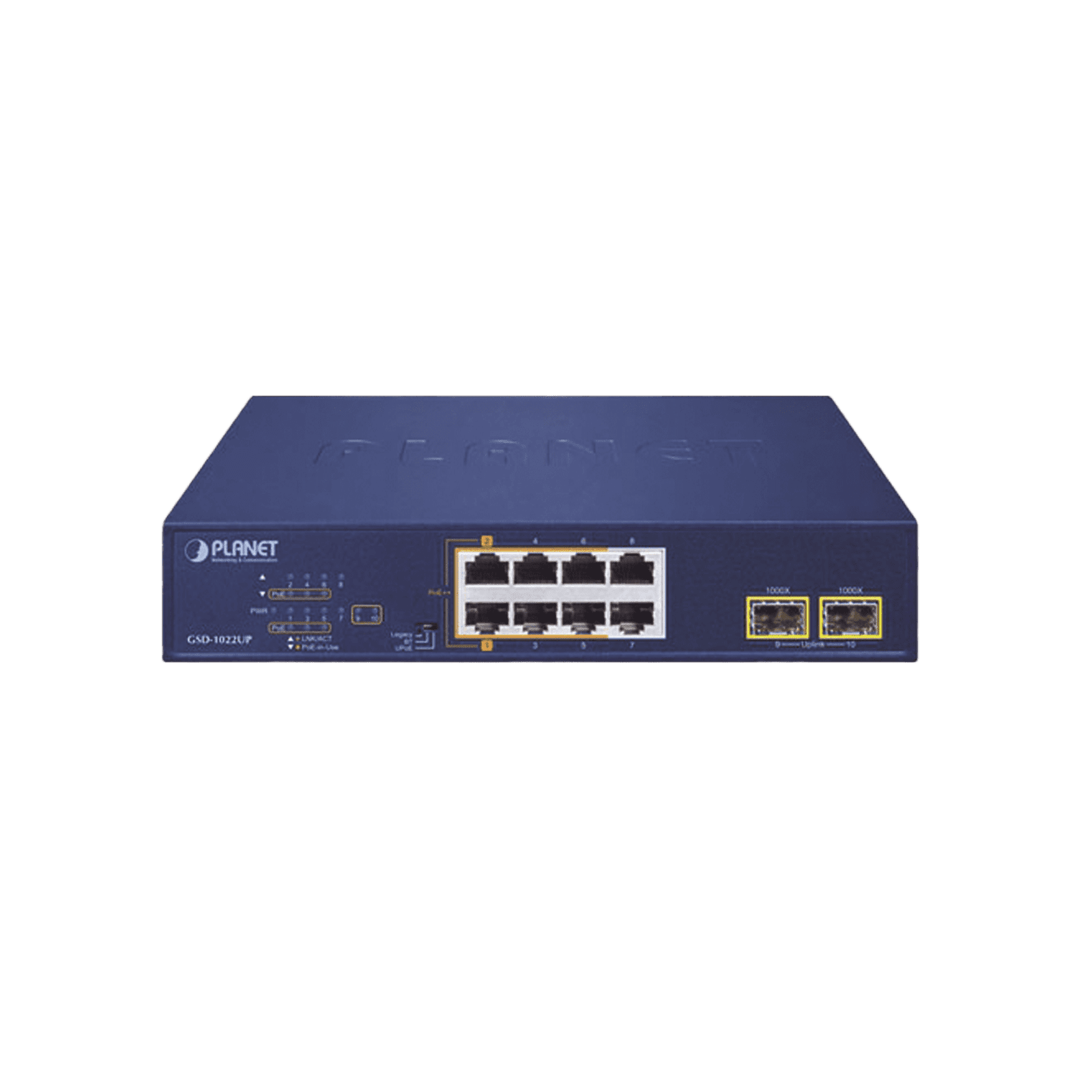 Switch PoE No Administrable de Escritorio, 2 Puertos Gigabit 802.3bt, 4 Puertos Gigabit 802.3at, 2 Puertos 10/100/1000, 2 Puertos SFP Gigabit. GSD-1022UP 221445 - PLANET