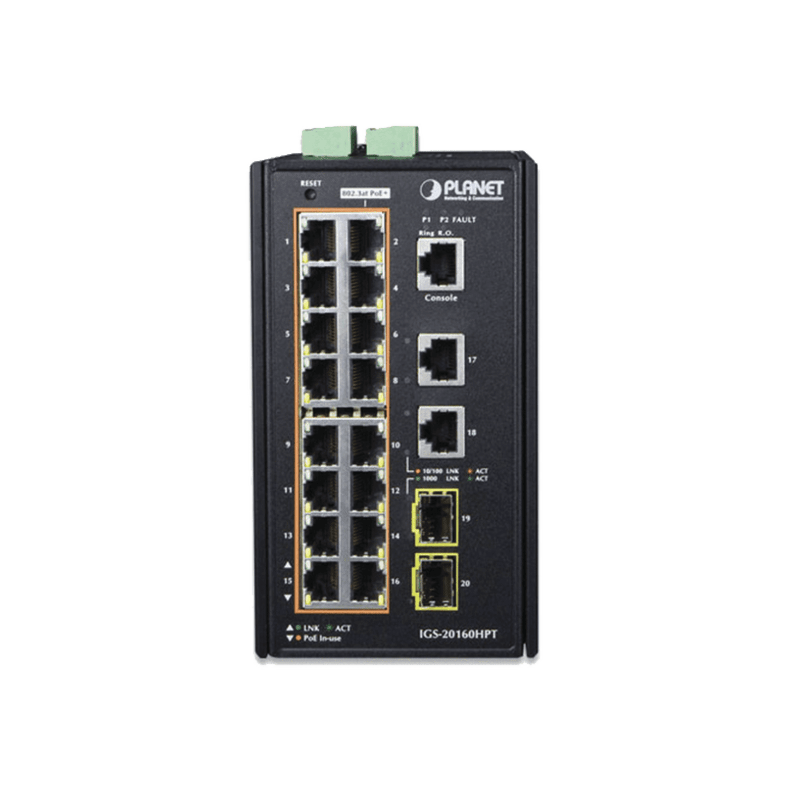 Switch Industrial Administrable 16 puertos 10/100/1000 T 802.3at PoE + 2 Puertos 10/100/1000 T + 2 puertos 100/1000 X SFP IGS-20160HPT 94790 - PLANET