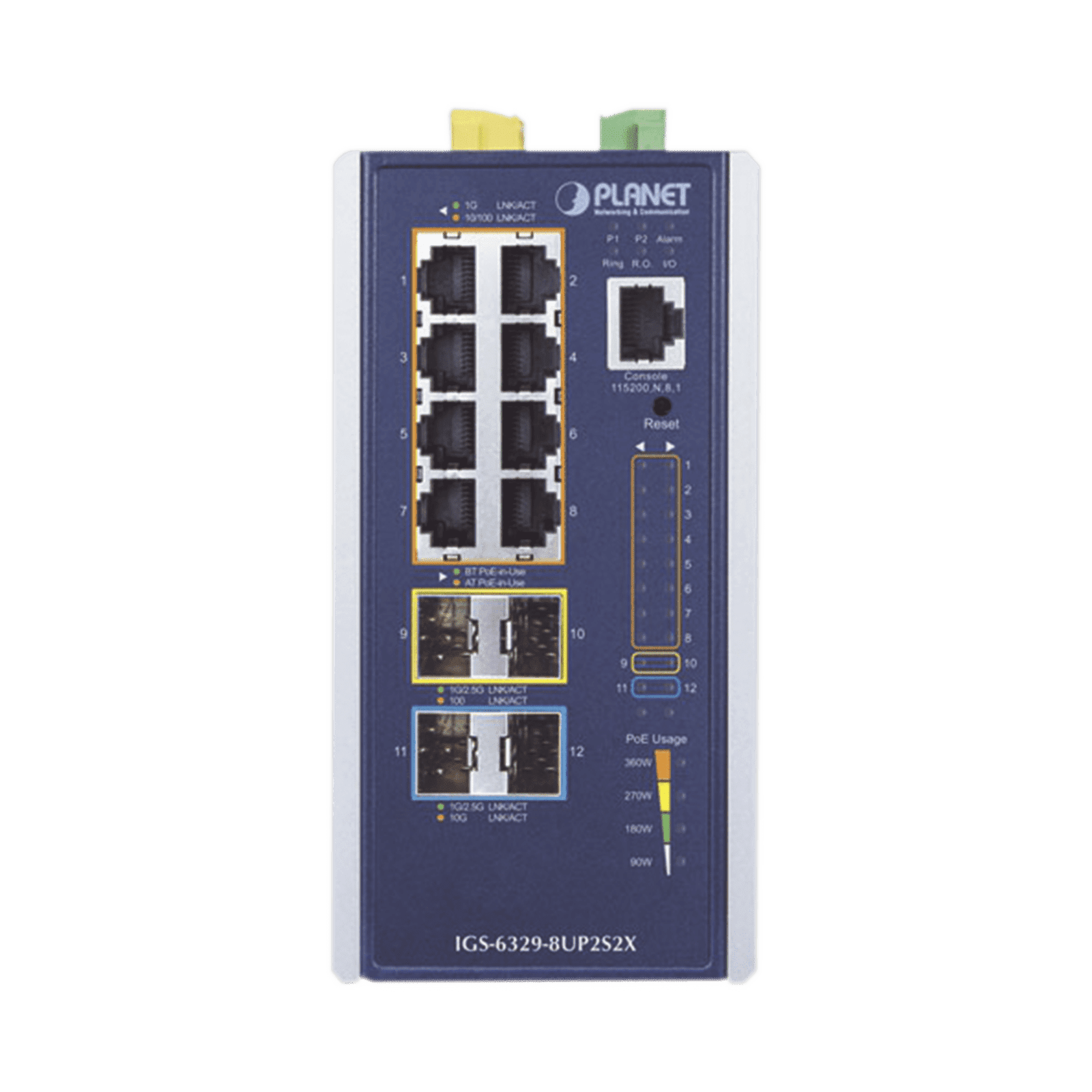Switch Industrial Administrable Capa 3, Con 8 Puertos PoE Gigabit 802.3bt, 2 Puertos SFP de 1 G / 2.5 G, 2 Puertos SFP 10 G IGS-6329-8UP2S2X 213356 - PLANET