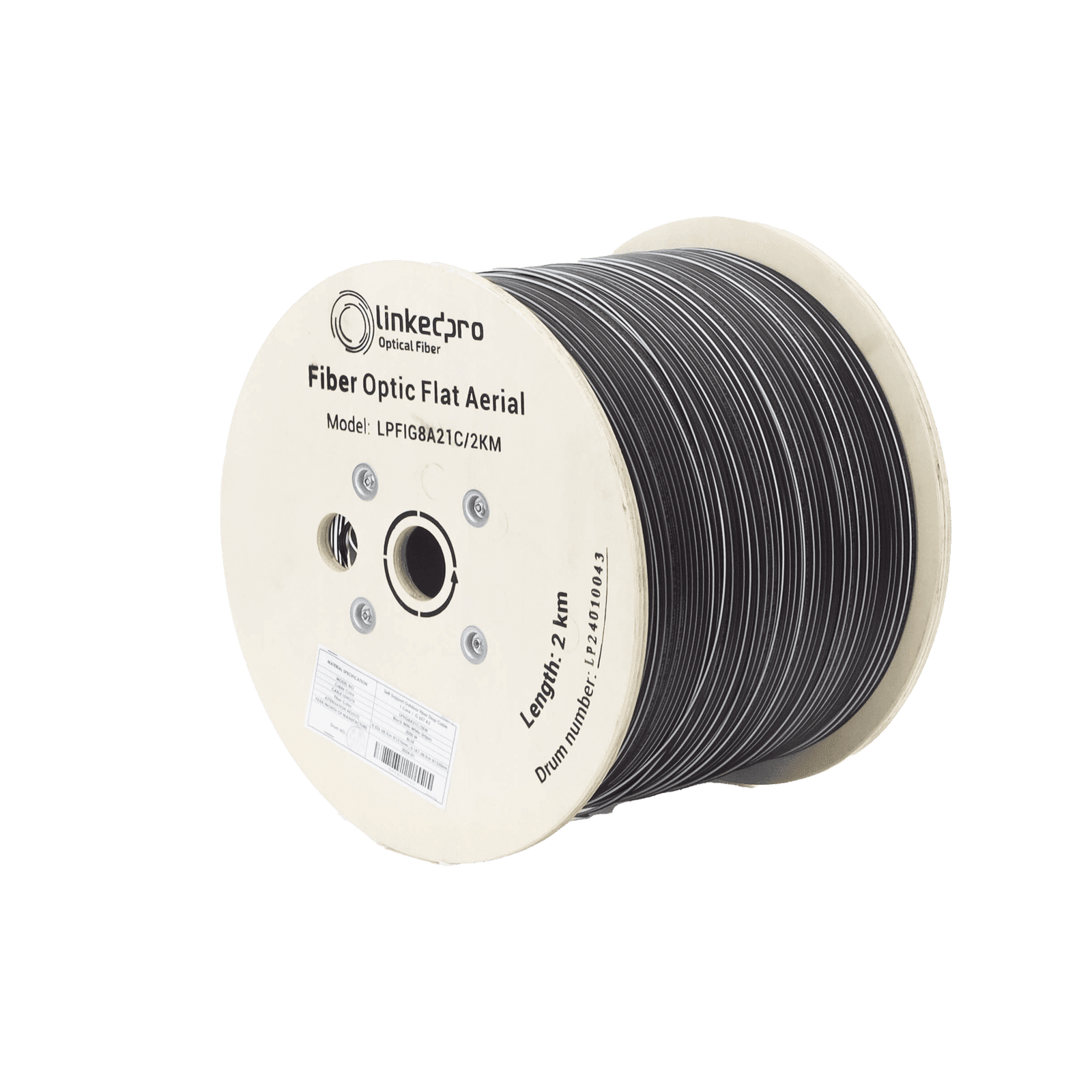 Carrete de 2 km de Fibra Óptica Aérea Mini Figura 8 G.657A1 tipo Drop Plana, Monomodo de 1 Hilo Color Negro LP-FIG8A2-1C/2KM - LINKEDPRO BY EPCOM