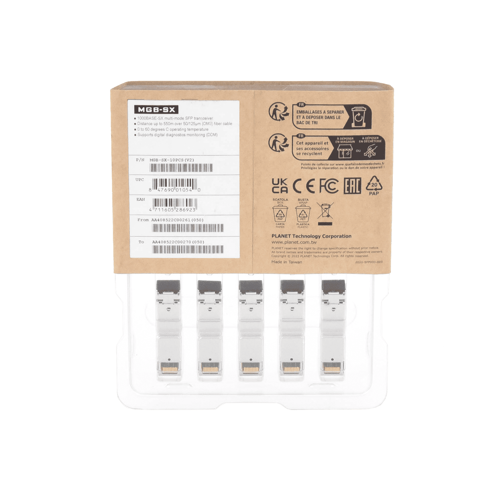 Paquete de 10 Piezas del Transceptor mini-GBIC SFP 1G LC Duplex para Fibra Multimodo 550 m MGB-SX-10PCS 215150 - PLANET
