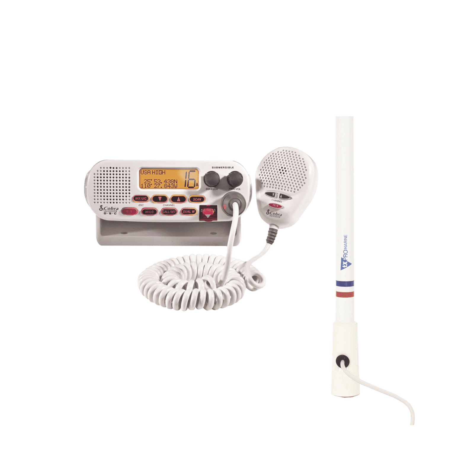 Kit de radio MRF45D | mas antena marina de fibra de vidrio TX-5206-SYS y soporte para antena 4186 MRF45D/KIT5206 - COBRA