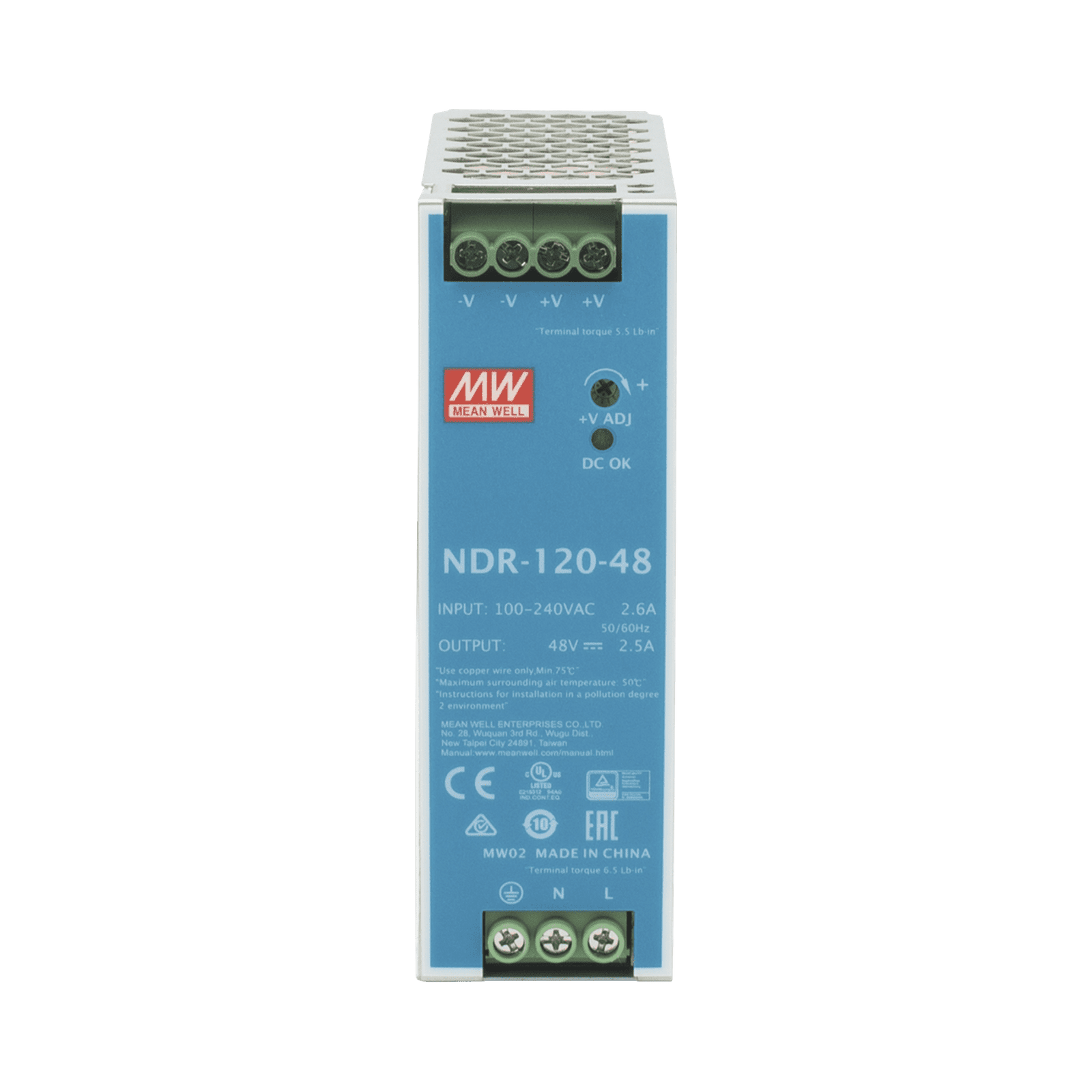Fuente de poder industrial de 120 W, salida 48 Vcc, entrada 90~264 VCA, para montaje en riel DIN, NDR-120-48 - MEANWELL
