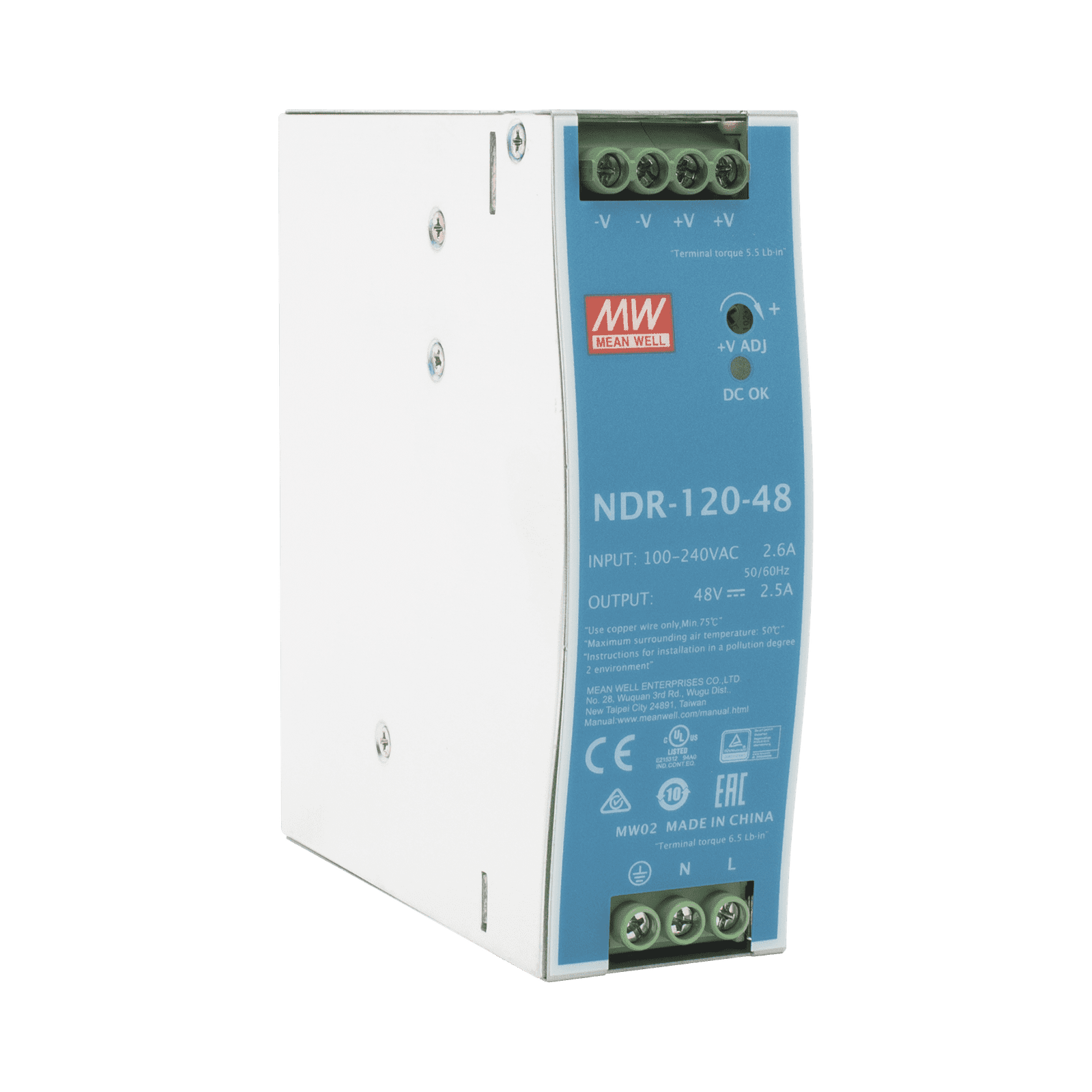 Fuente de poder industrial de 120 W, salida 48 Vcc, entrada 90~264 VCA, para montaje en riel DIN, NDR-120-48 - MEANWELL