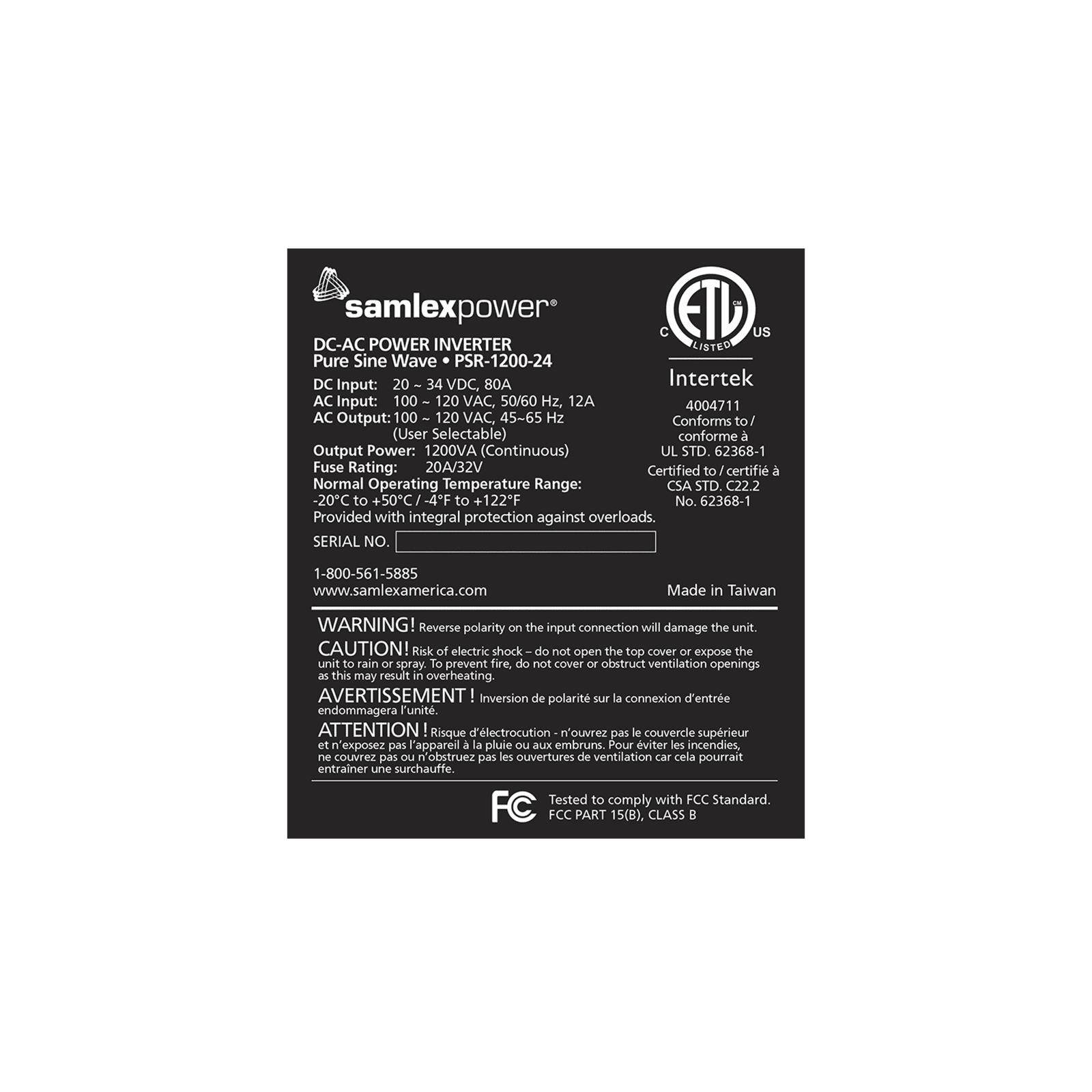 Inversor de corriente Onda Pura Montaje en rack 1U 1200W, 24 Vcc- 120 VCA, 50/60 Hz PSR-1200-24 159805 - SAMLEX
