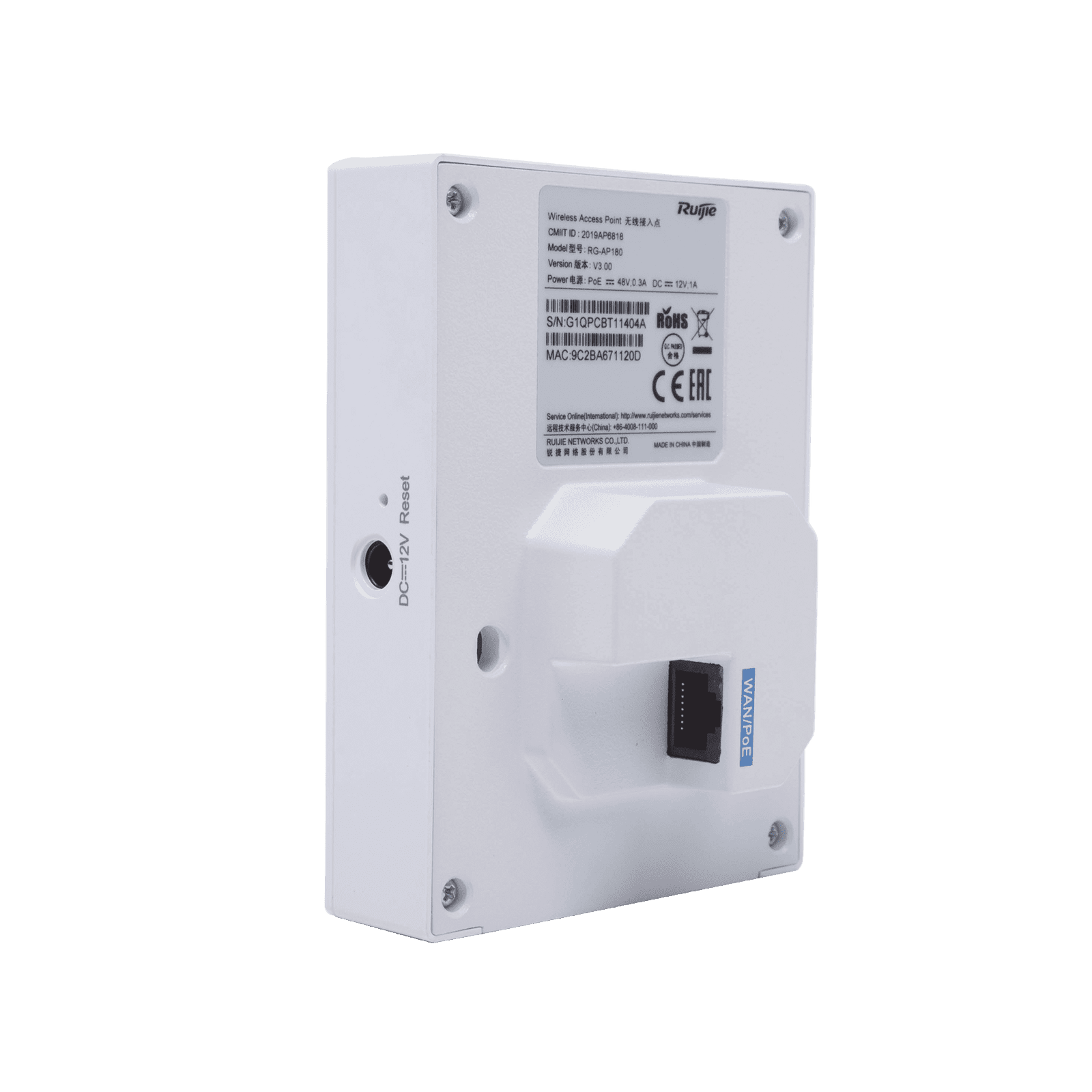 Punto de acceso Wi-Fi 6 para interior en pared hasta 1.7 Gbps doble banda 802.11AX MU-MIMO 2×2 RG-AP180 203966 - RUIJIE