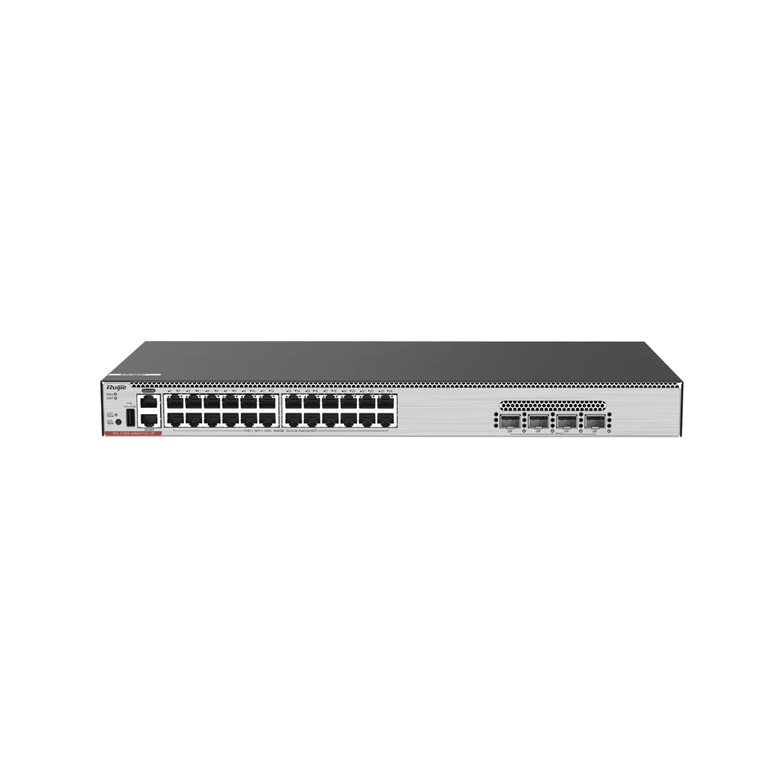 Switch Core PoE 802.3bt 370W Capa 3 Multi-Gigabit 24 puertos 5Gb/2.5Gb/1Gb/100M, 4 puertos fibra SFP28 25Gb RG-CS86-24MG4VS-UP 219643 - RUIJIE