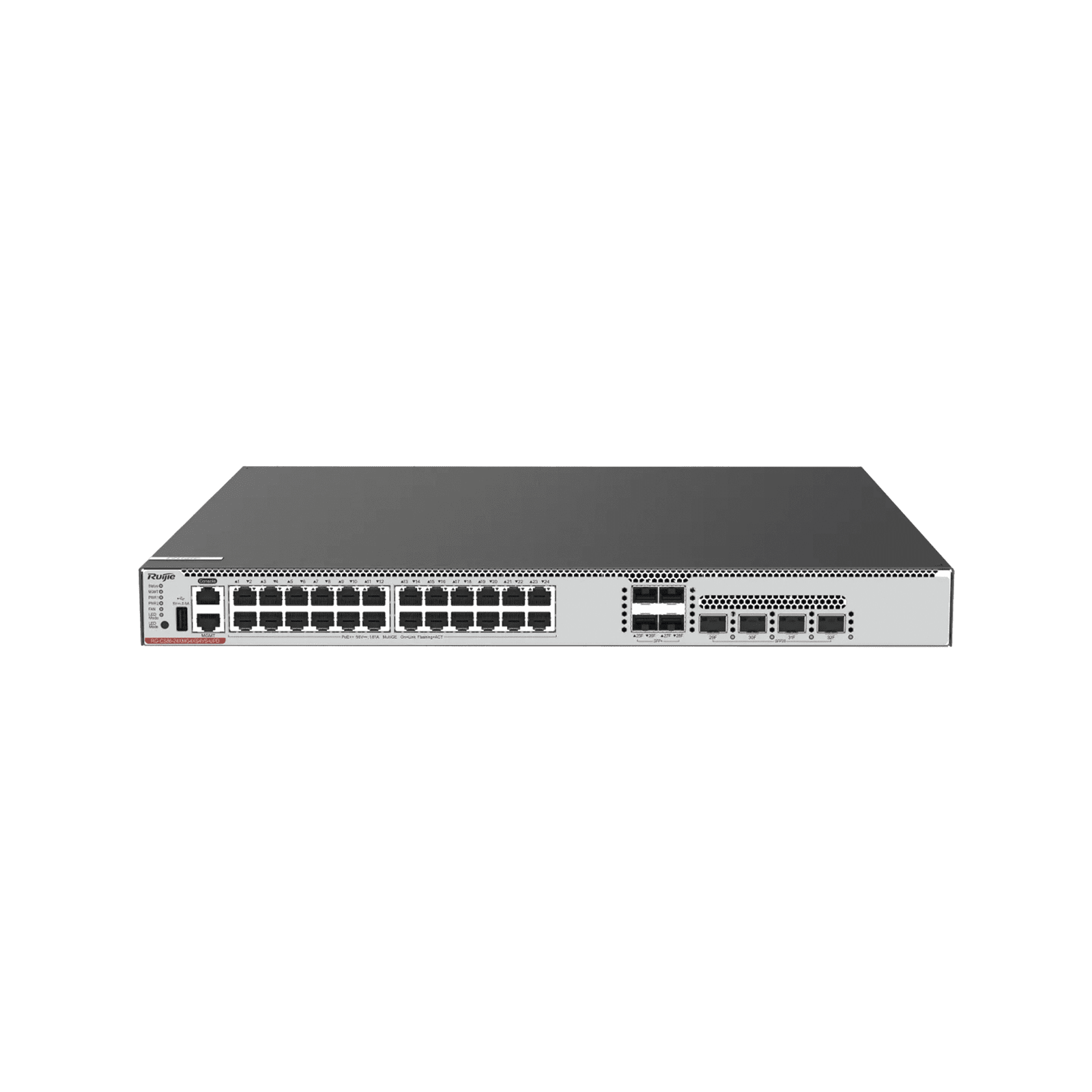 Switch Core PoE 1,650WCapa 3 Multi-Gigabit 24 puertos 10Gb/5Gb/2.5Gb/1Gb/100M, 4 puertos fibra SFP+ 10Gb y 4 puertos fibra SFP28 25Gb RG-CS86-24XMG4XS4VS-UPD 219642 - RUIJIE