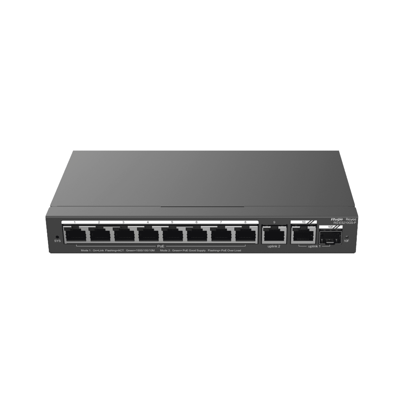 Switch Administrable con 8 puertos Gigabit PoE, 2 Uplinks Gigabit (1 SFP), gestión gratuita desde la nube RG-ES210GS-P - RUIJIE