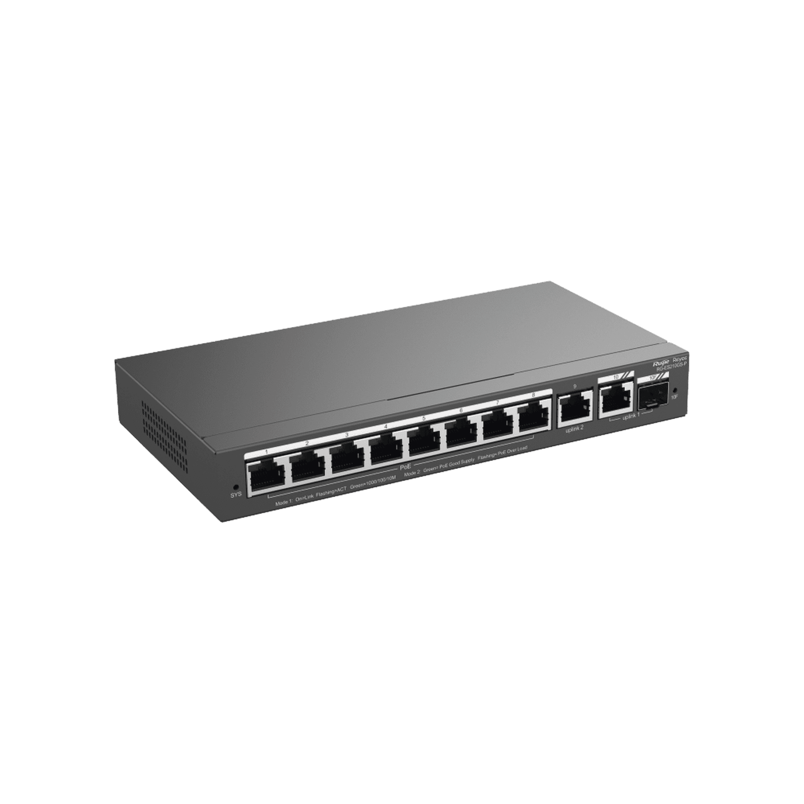 Switch Administrable con 8 puertos Gigabit PoE, 2 Uplinks Gigabit (1 SFP), gestión gratuita desde la nube RG-ES210GS-P - RUIJIE