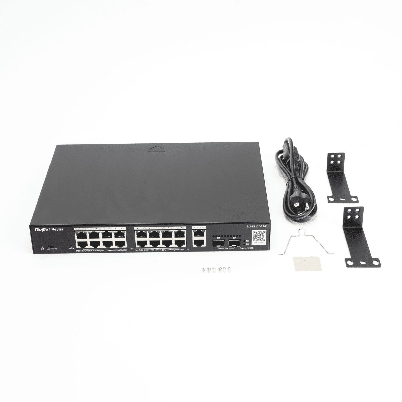 Switch L2 Administrable PoE con 16 puertos Gigabit PoE 802.3af/at + 2 SFP para fibra 1Gb, gestión gratuita desde la nube, 240w RG-ES220GS-P 225958 - RUIJIE