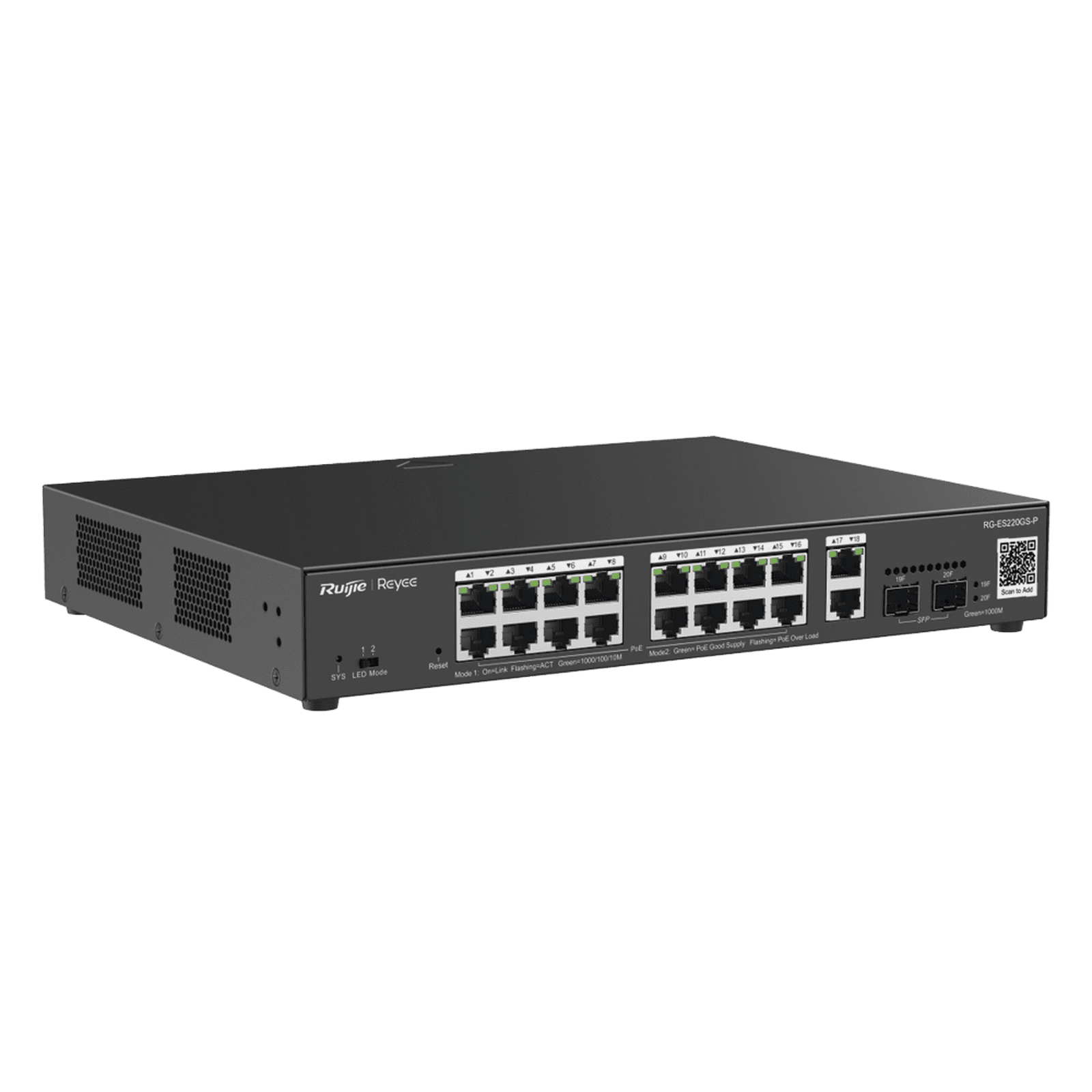 Switch L2 Administrable PoE con 16 puertos Gigabit PoE 802.3af/at + 2 SFP para fibra 1Gb, gestión gratuita desde la nube, 240w RG-ES220GS-P 225958 - RUIJIE