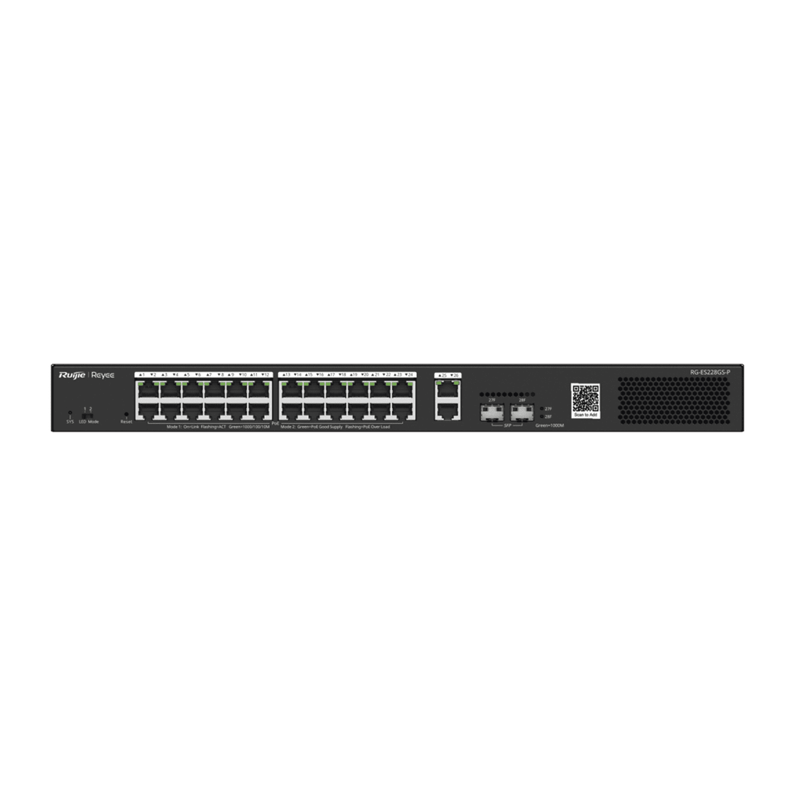 Switch Smart PoE con 24 puertos Gigabit PoE 802.3af/at + 2 SFP para fibra 1Gb, gestión gratuita desde la nube, 370w RG-ES228GS-P 225959 - RUIJIE