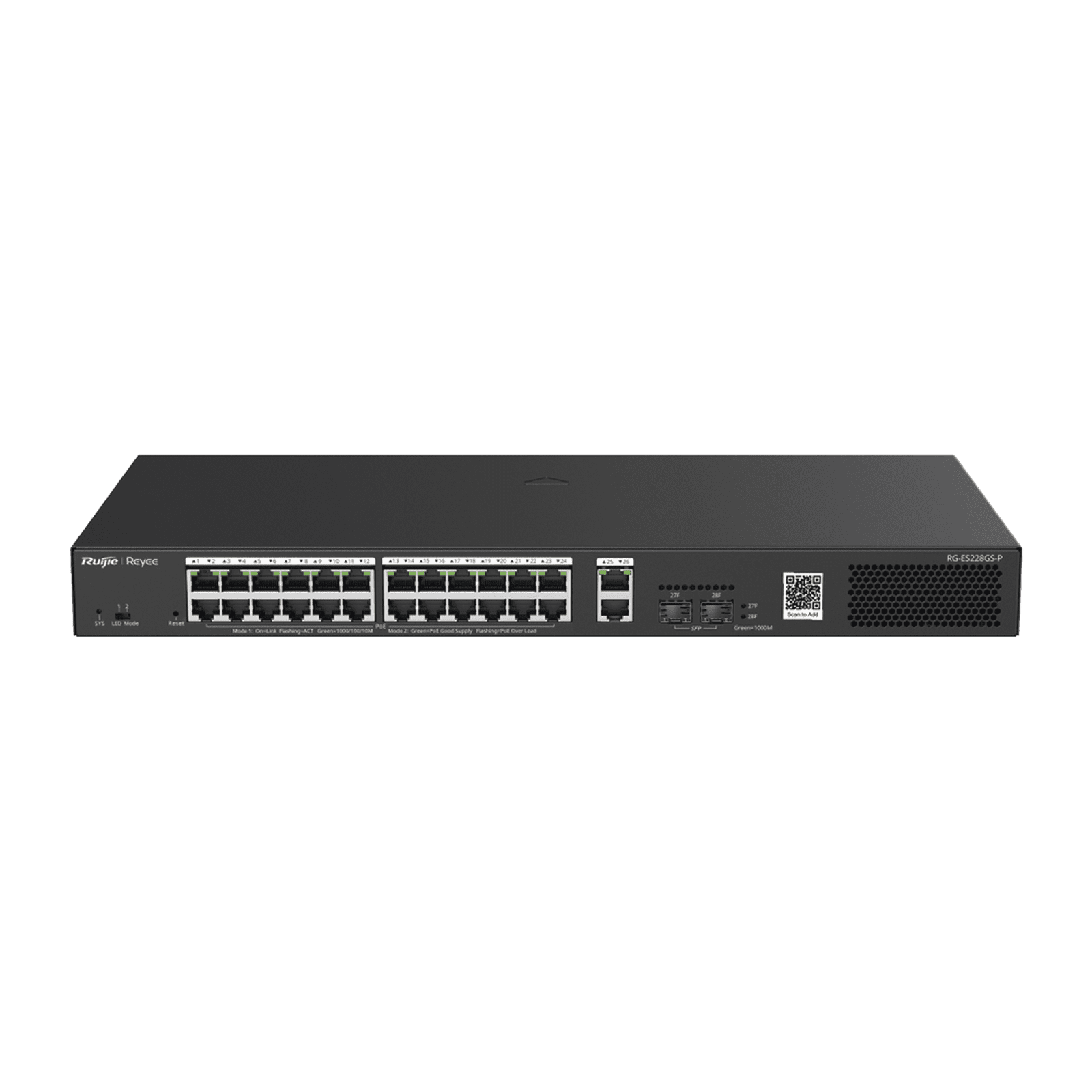 Switch Smart PoE con 24 puertos Gigabit PoE 802.3af/at + 2 SFP para fibra 1Gb, gestión gratuita desde la nube, 370w RG-ES228GS-P 225959 - RUIJIE