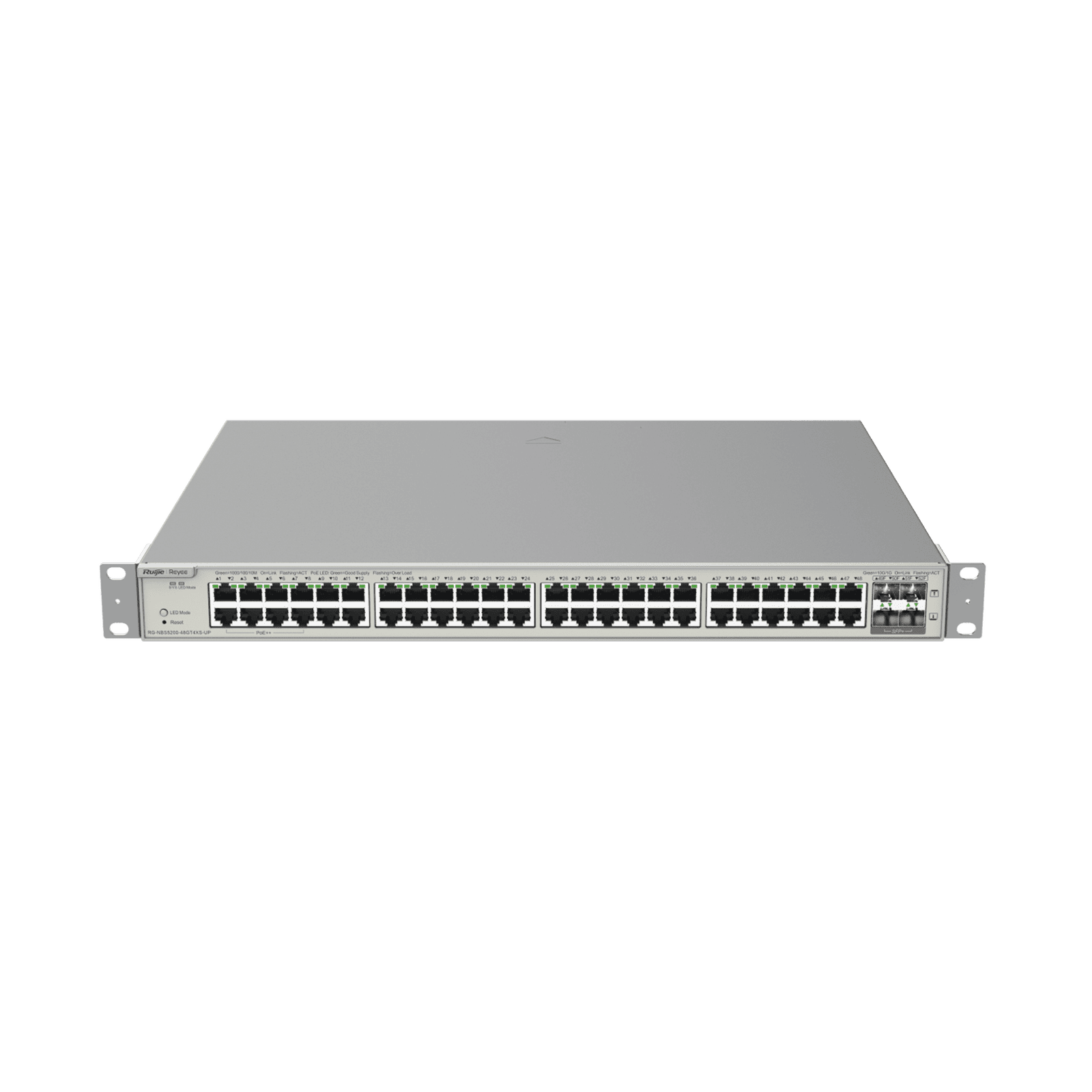 Switch Administrable PoE con 48 puertos Gigabit PoE 802.3af/at + 4 SFP+ para fibra 10Gb, gestión gratuita desde la nube, 370w RG-NBS5200-48GT4XS-UP 219604 - RUIJIE