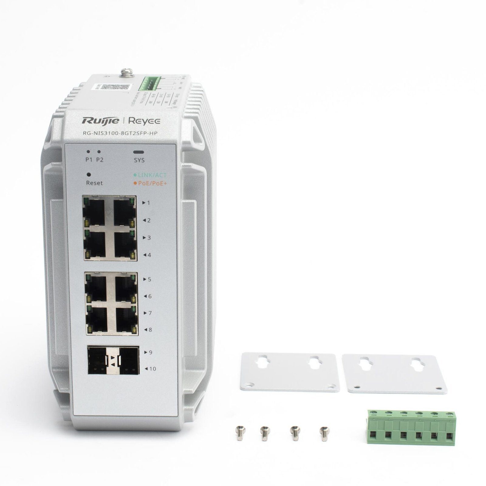 Switch Administrable PoE con 8 puertos Gigabit PoE 802.3af/at + 2 SFP para fibra 1Gb, gestión gratuita desde la nube, 125w RG-NIS3100-8GT2SFP-HP 221620 - RUIJIE