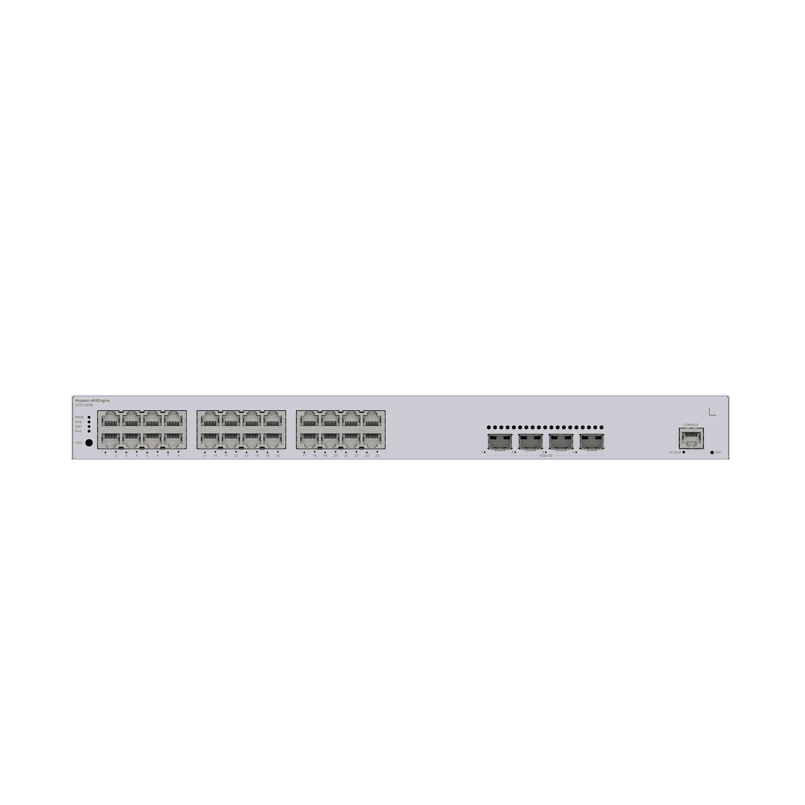 HUAWEI eKit – Switch Gigabit Administrable PoE Capa 3 / 24 puertos 10/100/1000 Mbps (PoE) / 4 Puertos SFP+ Uplink / 400W / PoE Perpetuo / iStack / Administración Nube Gratis S310-24P4X 223810 - HUAWEI