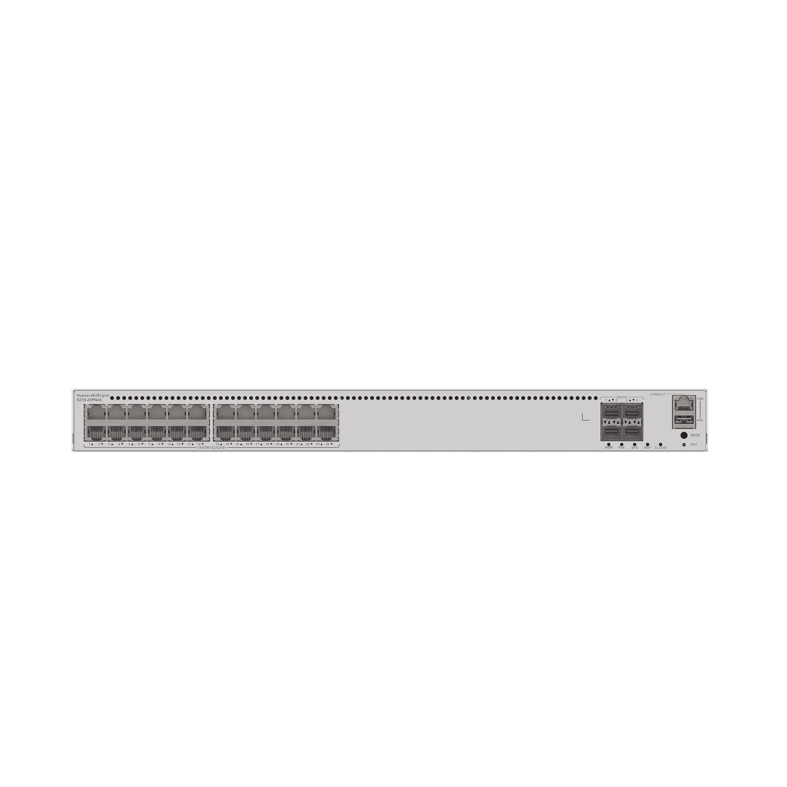 Switch Gigabit Administrable PoE Capa 3 / 24 puertos 1/2.5 Mbps (PoE) / 4 Puertos SFP+ Uplink / 400W / PoE Perpetuo / iStack / Administración Nube Gratis S310-24PN4X - HUAWEI